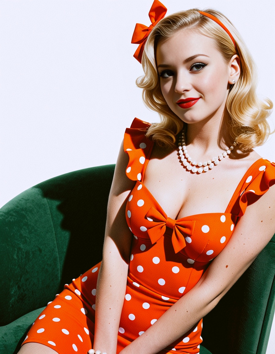 This magazine cover illustration shows a blonde woman wearing an orange dress with white polka dots on a gradient backgrou...