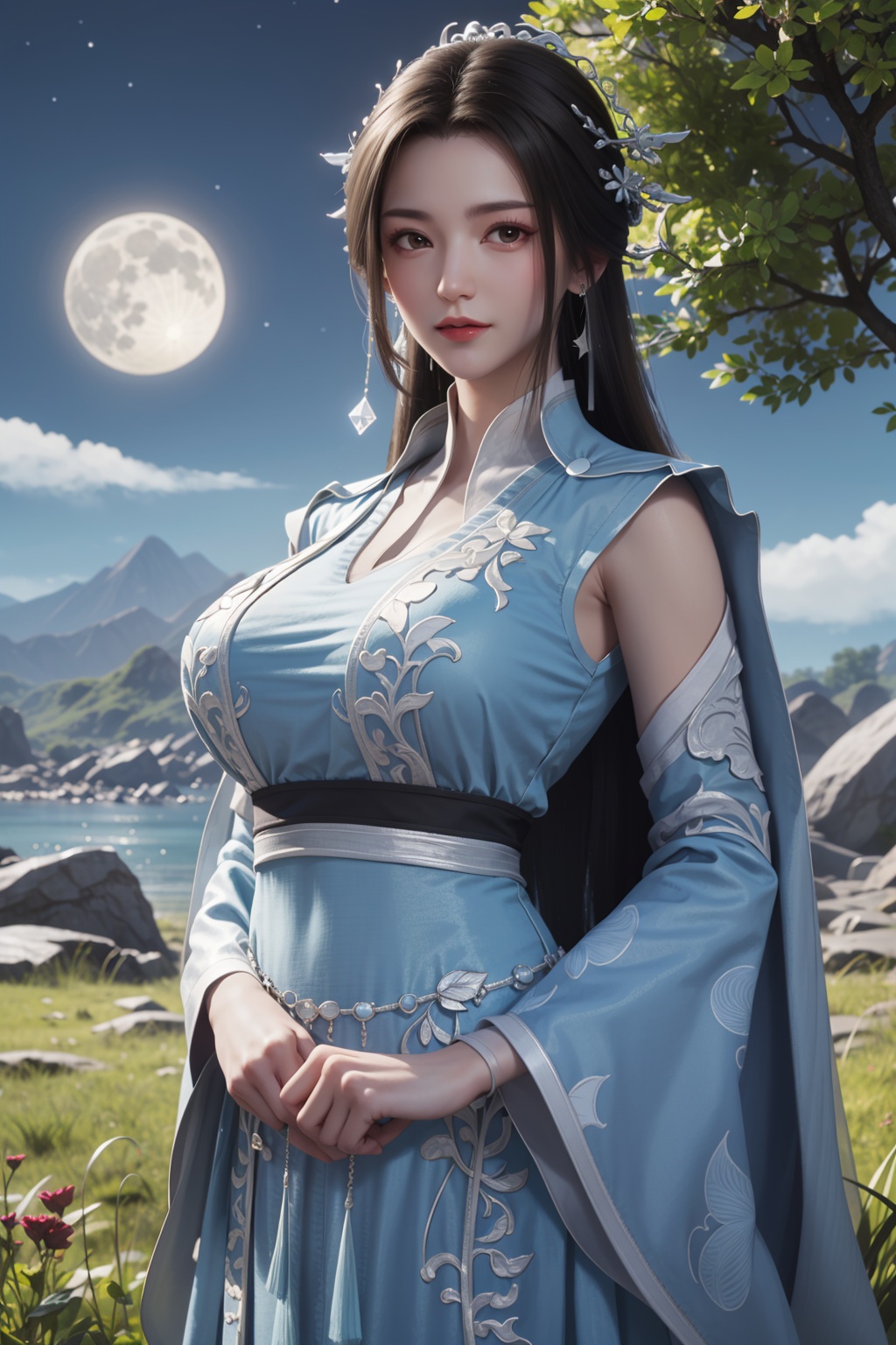 outdoors，(black hairs:1.2)，(large breasts:1.3)，flowers，floating hair，sky，rainbow,moon,sky,stars,(arms at sides:1.3),leaning，mountains，crystal，sea，desert，1girl, solo, earrings, brown hair,  jewelry, upper body, looking at viewer, dress, long hair, tree, hair ornament, outdoors, blurry, chinese clothes, sky, day, blue sky, blue dress，looking at viewer，closed mouth，<lora:dingdang-surou:0.55>