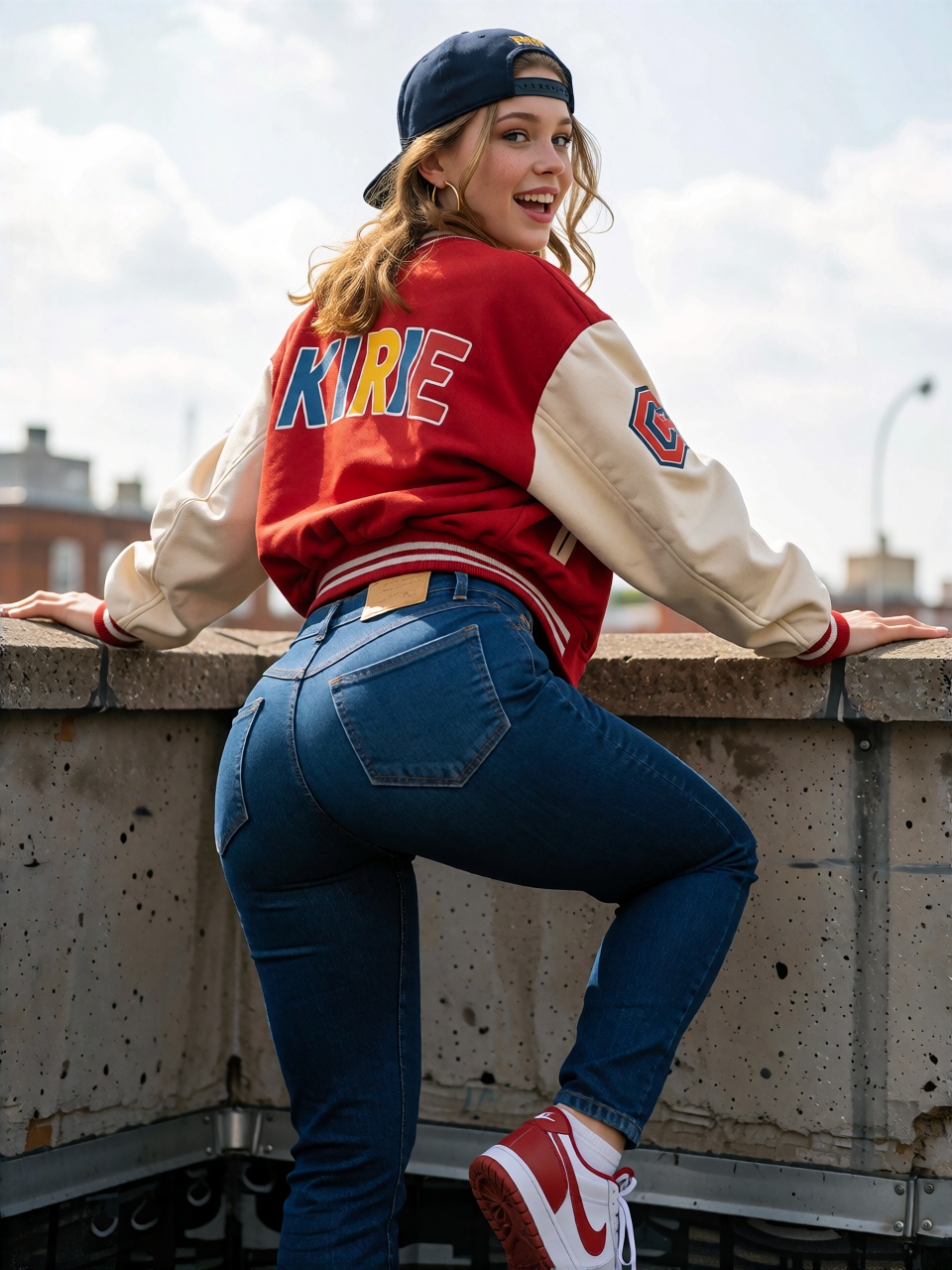 Kira in extremely fitted dark-blue jeans,  a short red crop top with bold colorful lettering,  oversized cream varsity jac...