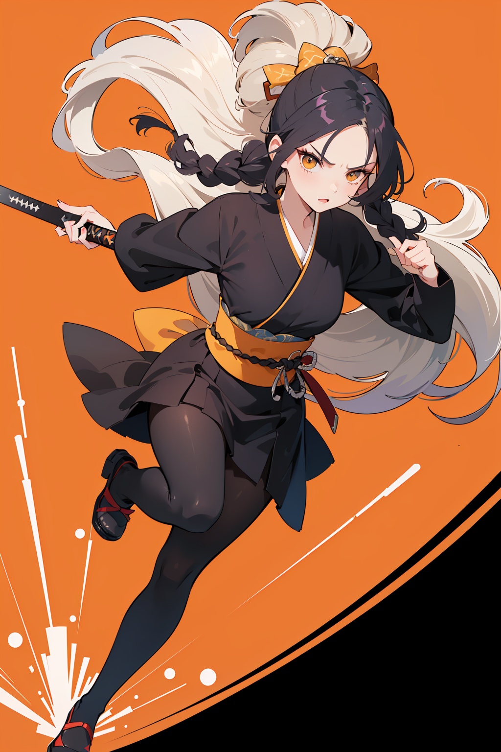 ((perspective lens, a woman with long hair,  dynamic pose of Serious and mean expression, two hands brandishing a big long samurai sword )) ((Pure orange background:1.2)),appears in her early twenties,captured mid-motion,with her long braided hair flowing. Her outfit is reminiscent of a bee,with a color palette of black and yellow,and she is tossing money casually,indicating a playful.,