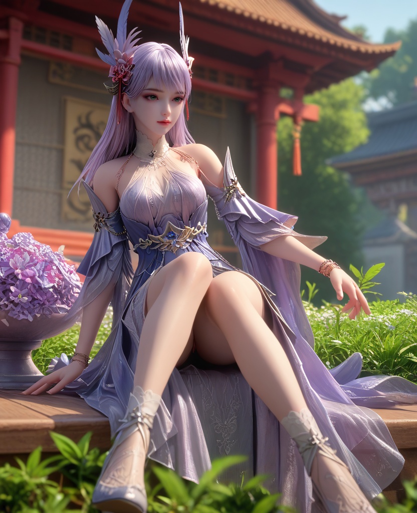 (oriental architecture, elegant decor, sophisticated style:1.1),(figure four sitting:1.1),(breasts:1.2),<lora:XL16克金玩家林紫玥:0.95>,miss linziyao,lavender dress,green eyes,decorative left eye foils,lilac hair,long hair,hair ornament,bare shoulders,detached sleeves,jewelry,sash,bracelet,white socks with embroidery,, score_9,score_8_up,score_7_up,score_6_up,score_5_up,score_4_up,3d rendering,tag1,tag2, Cinematic Lighting,backlighting,, zPDXL3, zPDXL2,zPDXL, zPDXLxxx, zPDXLrl,