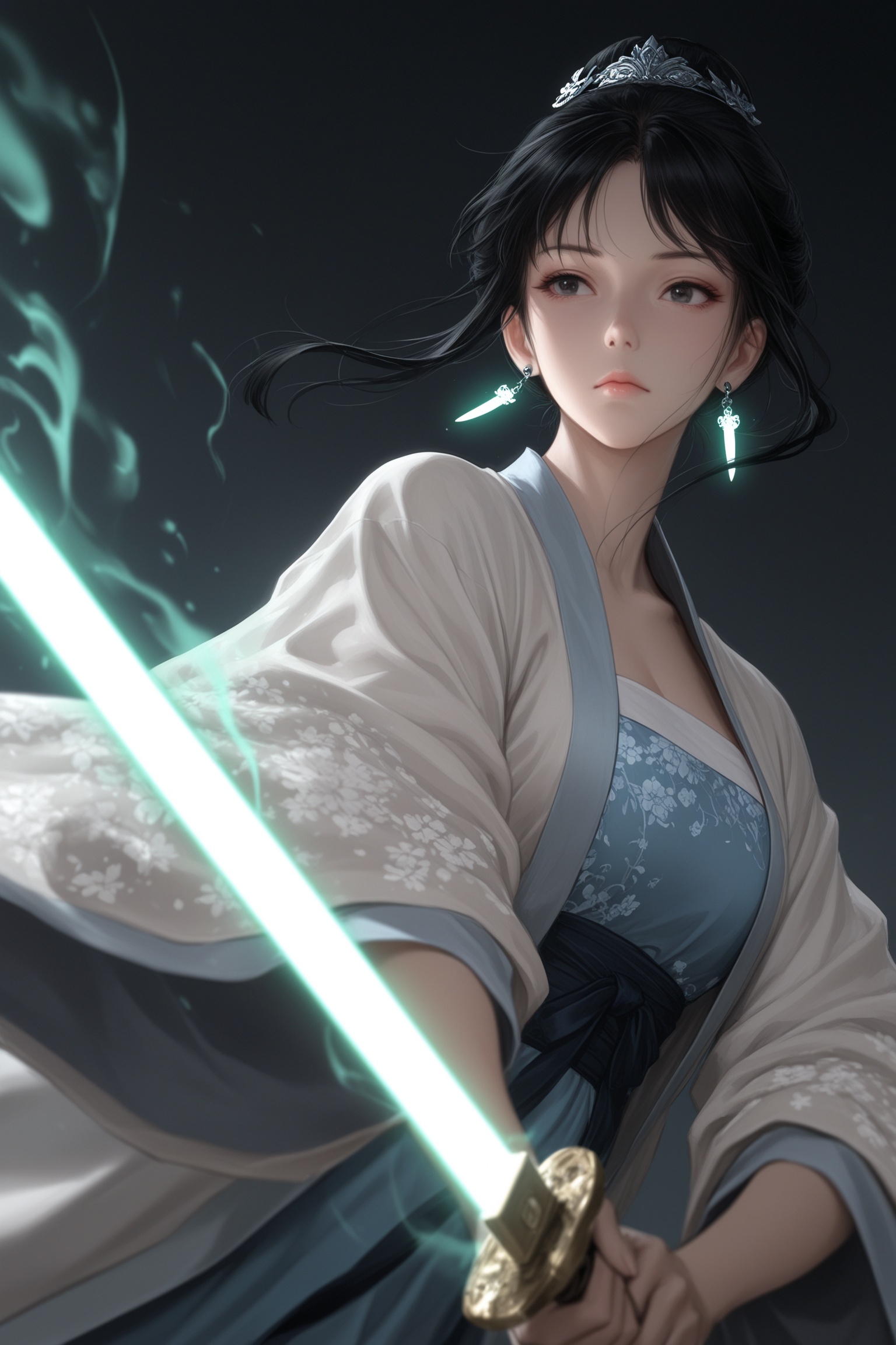 1girl,sword,weapon,solo,hanfu,jewelry,earrings,holding,black hair,holding sword,holding weapon,floral print,upper body,lips,closed mouth,glowing,sash,blurry,wide sleeves,hair bun,glowing weapon,masterwork,masterpiece,best quality,detailed,depth of field,high detail,best quality,very aesthetic,8k,dynamic pose,depth of field,dynamic angle,*****,aged up,