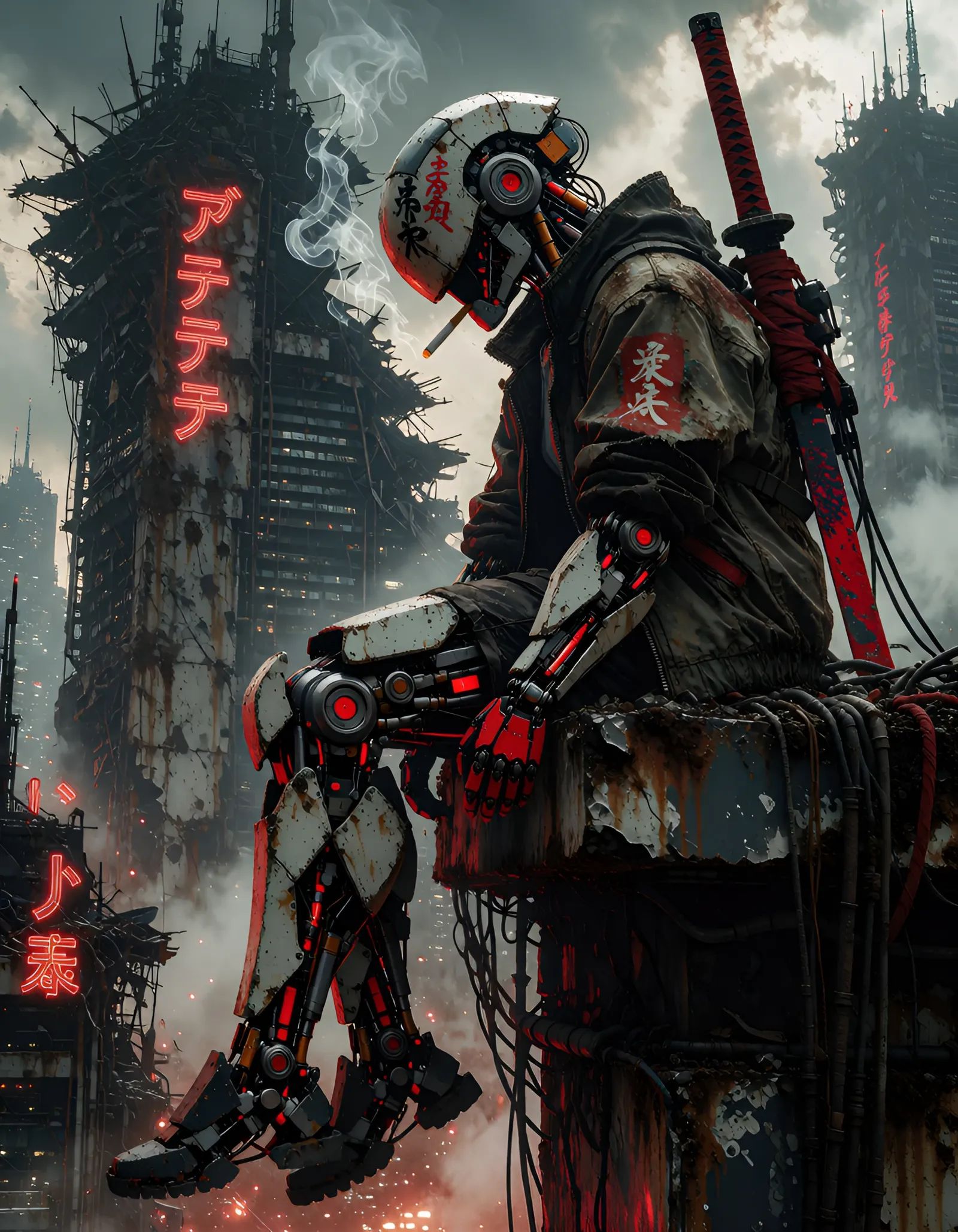 grimy cyberpunk,  A dark grimy post-apocalyptic industrial cyberpunk scene,  heavily textured grunge aesthetic. A heavily...