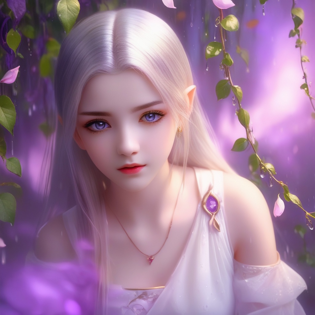 <lora:850-DA-XL-斗破苍穹-美杜莎-红色睡衣:0.8>, (masterpiece),(best quality),illustration,ultra detailed,hdr,Depth of field,(colorful),loli,white background,Dundar effect,a lot of purple vines,vines covering half of the painting,delicate plant details,a girl,girl,petite girl,long white hair,golden pupils,white dress,bare feet,side,side,upper body,head up,sad eyes,rain,light,figure light,petals,purple filter,left,fog,dream,unreal,Blur,float light,