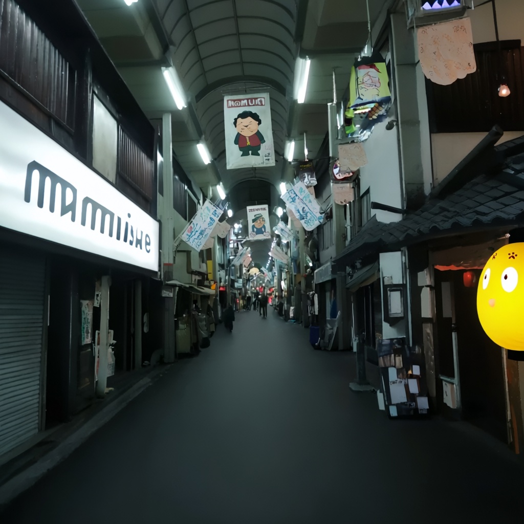 A long,  covered shopping street extends into the distance,  illuminated by fluorescent strip lights along the arched ceil...