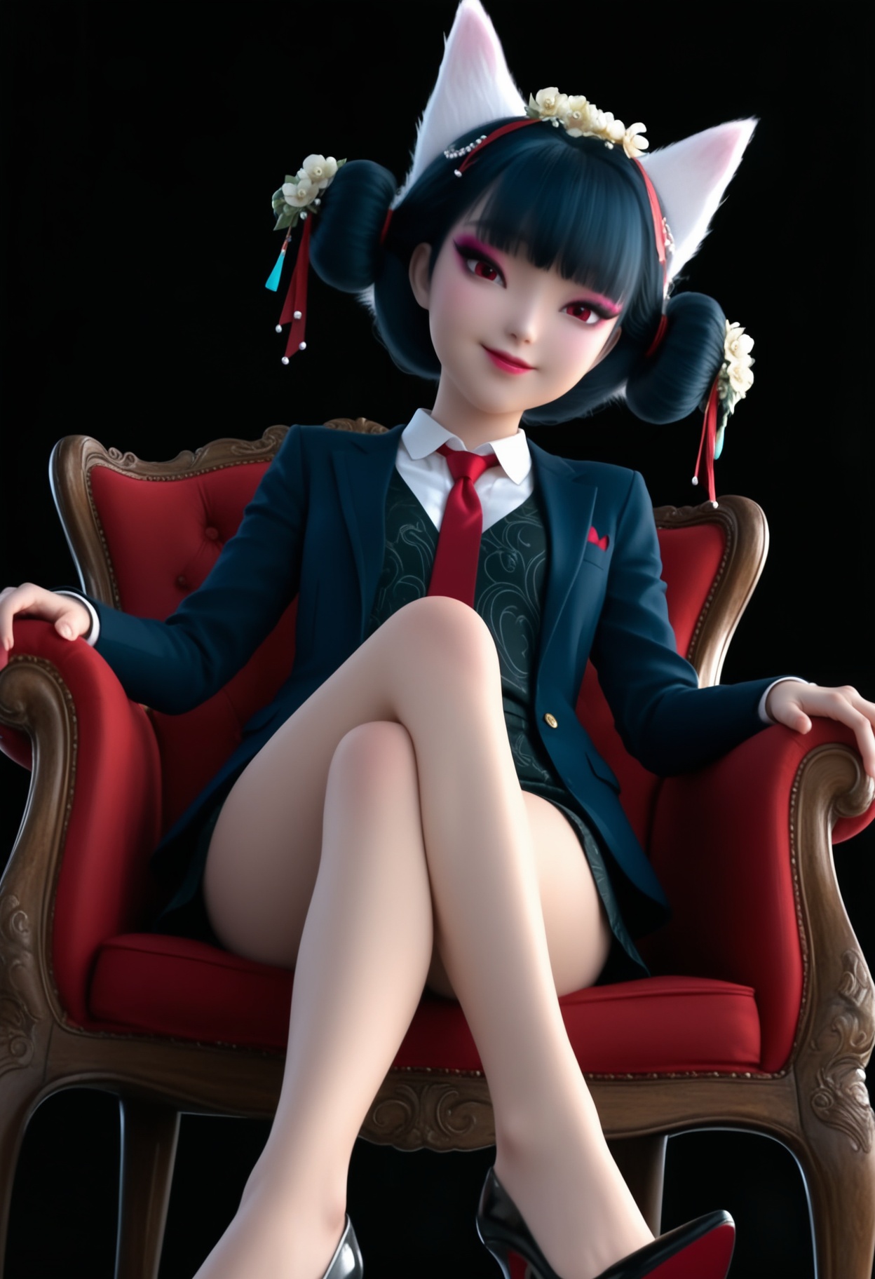 (score_9),masterpiece,best quality,absurdres,highres,(white_skin),light_skin,BREAK<lora:宝青坊-ill-000008:0.83>,1girl,solo,hair ornament,hair flower,hair bun,tassel hair ornament,bangs,makeup,black hair,fox ears,red eyes,bare legs,narrow waist,suit,dress_shirt,blazer,skirt,skirt_suit,necktie,high heels,looking at viewer,front view,face focus,light blush,smile,sitting,chair,pov,from below,BREAKsimple background,black background,