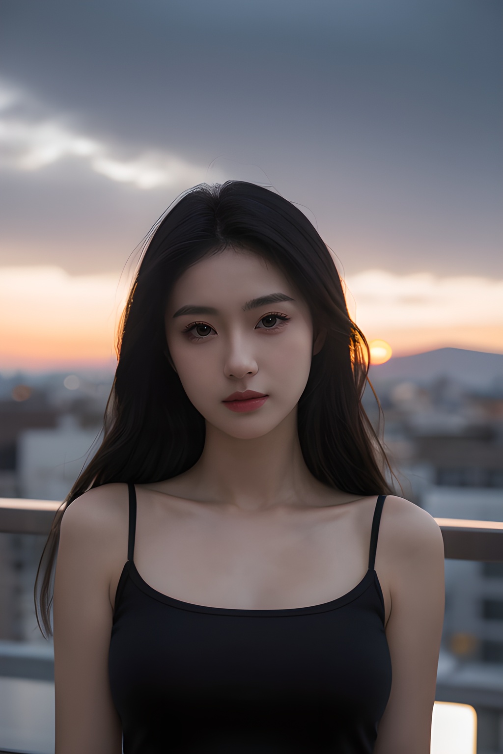 <lora:0813_04:0.7>,Frontal photography,Look front,evening,dark clouds,the setting sun,On the city rooftop,A 20 year old female,Black top,Black Leggings,black hair,long hair, dark theme, muted tones, pastel colors, high contrast, (natural skin texture, A dim light, high clarity) ((sky background))((Facial highlights)),, 1girl,realistic,masterpiece, best quality, photorealistic, HDR,detail