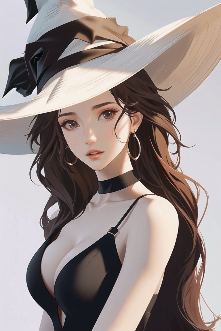 (masterpiece),best quality,portrait,upper_body,three-quarter view,1girl,breasts,black choker,upper body,large breasts,multicolored hair,cleavage,swimsuit,witch hat,dress,by caaaaarrot,