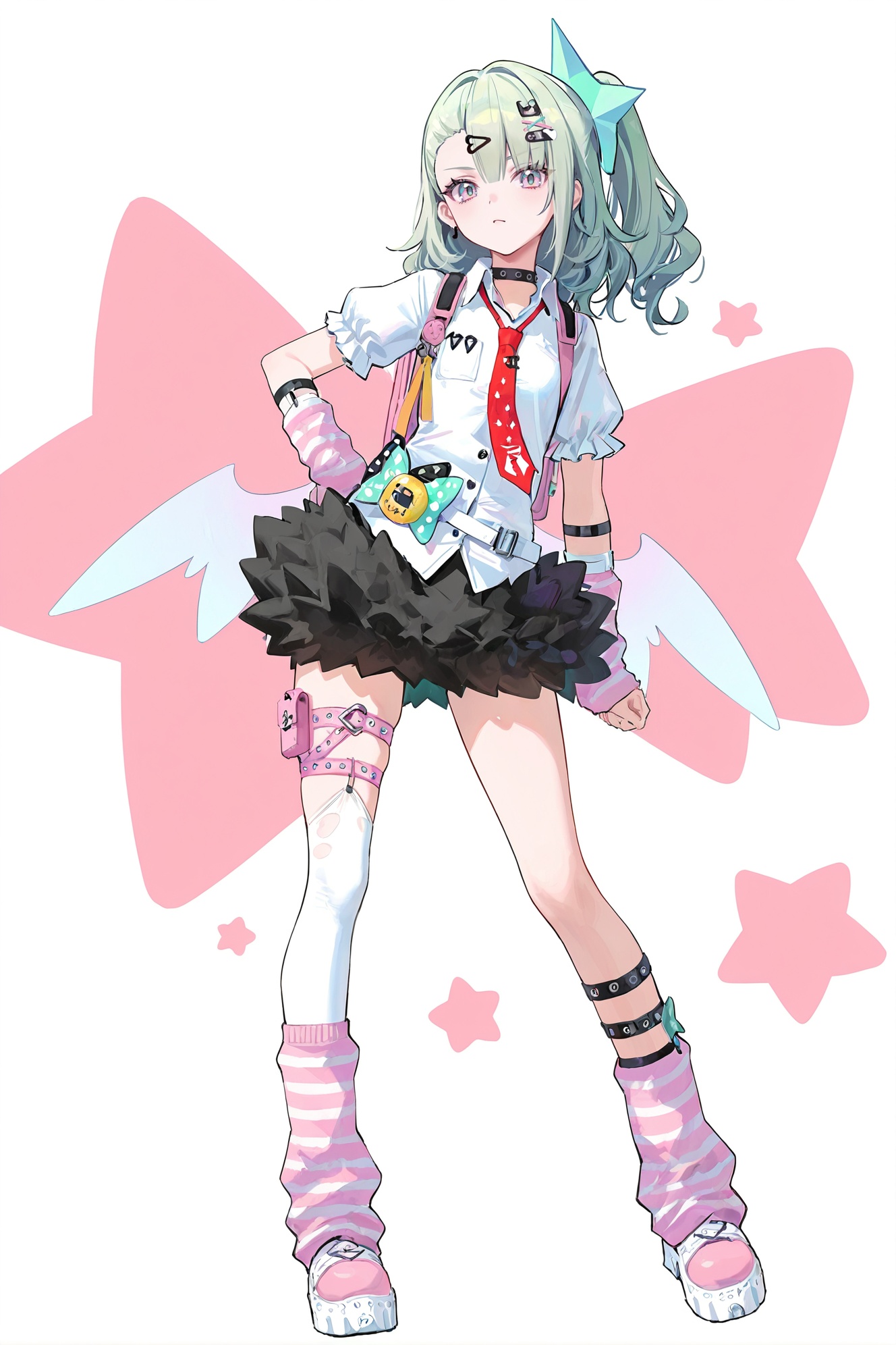 8k,best quality,masterpiece,(ultra-detailed),(high detailed skin),((artist:reoen),(artist:fuzichoco),(artist:atdan),(artist:torino_aqua),year 2024:0.8)1girl,[artist:wlop],[artist:ningen_mame],artist:ciloranko,[[artist:rhasta]],artist:tidsean,colorful,full body,full shot,standing,(solo:1.2),simple background,(white background:1.2),hand on own hip,(white background:1.1),looking at viewer,<lora:Sunna-will-Tanger-000014:0.8>,Sunna \(Zenless Zone Zero\),clothes: def-aido white shirt with balck skirt,asymmetrical legwear,1girl,skirt,shirt,def hair ornament,jewelry,short sleeves,earrings,green hair,wings,necktie,choker,hairclip,halo,