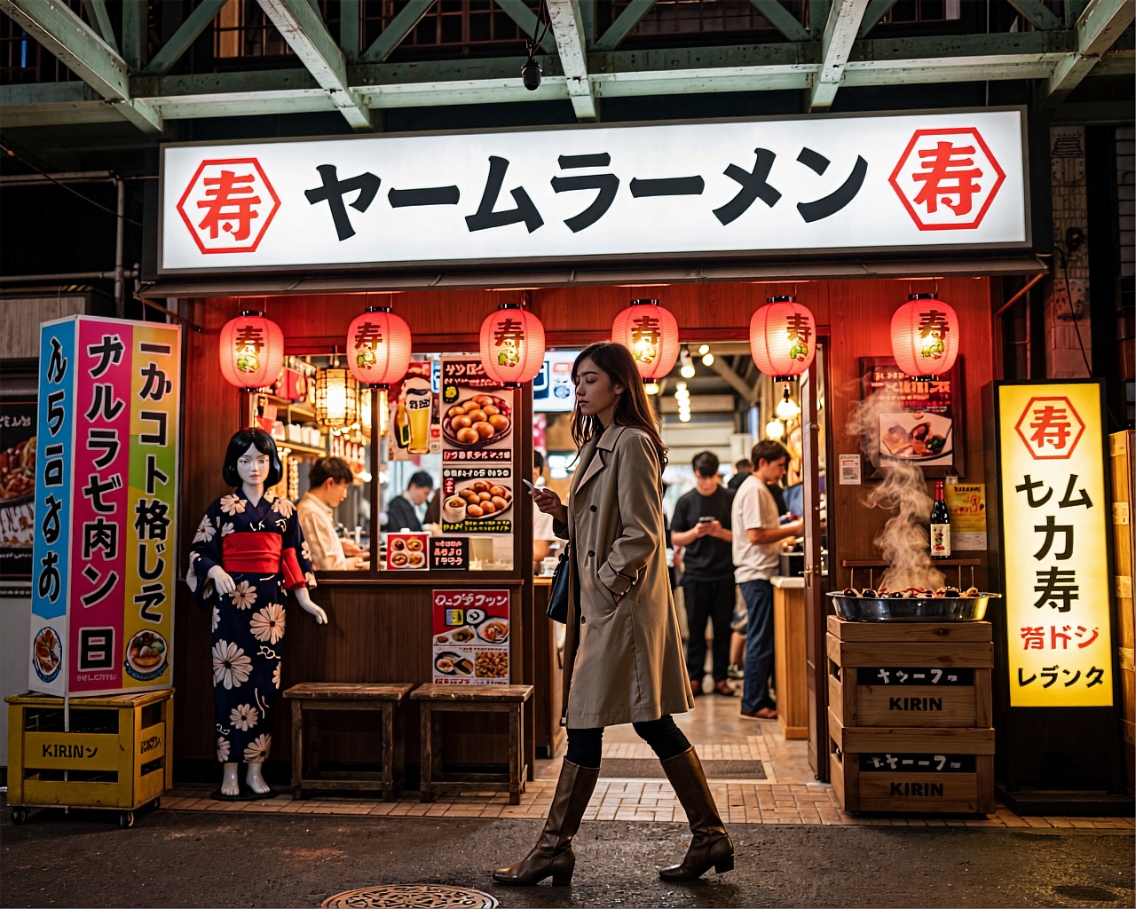 Underneath a weathered steel truss bridge at night,  vibrant neon lights illuminate a bustling Japanese street food stall...