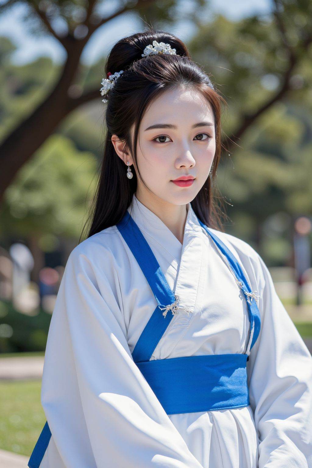 Cinematic photo a photograph of a woman with fair skin and long black hair,blue and white hanfu,outdoors,