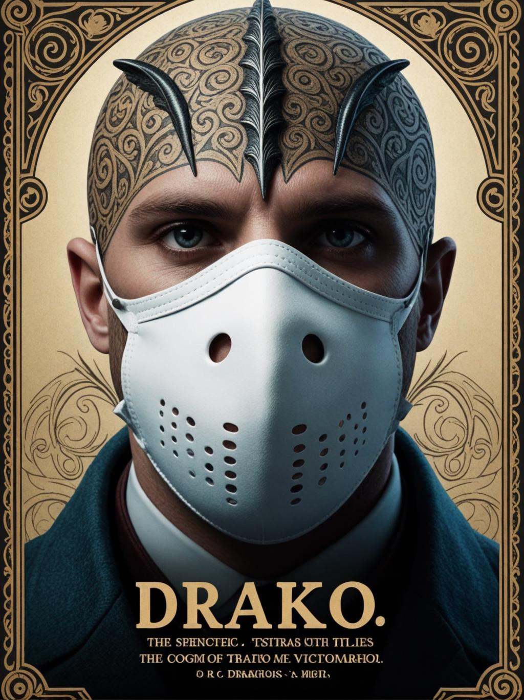 (movie poster with title and text graphics:1.3) (under the title banner text logo "D\R\A\K\O":1.5), medical mask, victorian era, cinematography, intricately detailed, crafted, meticulous, magnificent, maximum details, extremely hyper aesthetic