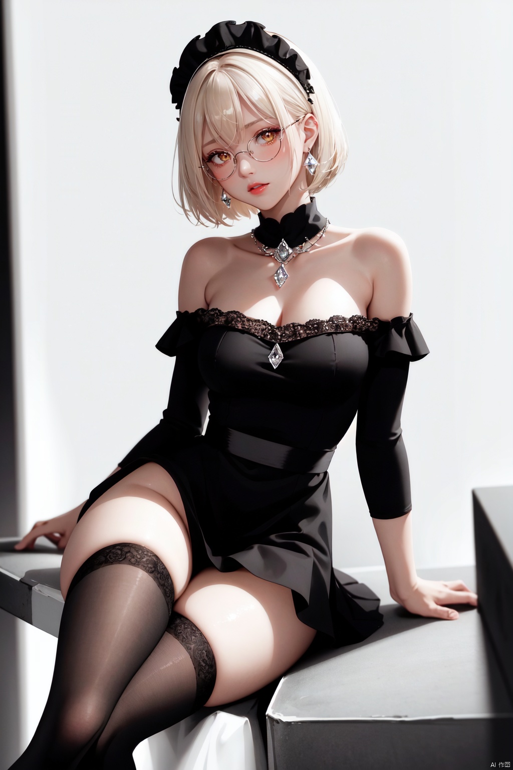 Realistic style, cinematic work, 8K wallpaper, masterpiece, very realistic quality, best quality, masterpiece, high-level, high-resolution,,,Edge lighting, dual tone lighting, soft lighting, The illuminated surface of the material has bright spots and highlights, which flicker and have a mirror effect when reflected, There are sparkling spots on the armor,,,1 girl, mature female, solo, full body, looking at viewer, lace, strong rim light, Standard proportion of female body, golden proportion of female body,,,Standing, standing posture, Sexy full body standing posture,,,,(jinqu, 1girl, yellow eyes, short hair, white hair, blonde hair, bangs, dark skin, dark-skinned female,thighhighs, white thighhighs, maid headdress, maid, dress, sleeves past wrists, apron, bare shoulders, red ribbon, breasts, maid apron, black dress, detached collar, frills, wide sleeves, ribbon, black footwear, long sleeves, round eyewear, shoes,:1.2),,bare shoulders, off shoulder, black hairband, bikini bottom only, short dress, swimsuit, pleated dress, bikini, floating hair, blush, ass visible through thighs, skirt,White high-heeled shoes,:1.2),,,colorful,(detailed skin: 1.3), (detailed face: 1.3),clear focus,delicate,(mature women: 1.2),(glossy skin+glossy skin: 1.4),(sweating: 1.1),(big_eyes),red_ eyeshadow,long_ Eyelashes, red lips,,,simple background, grey background,,,(Diamond hair accessories, diamond necklaces, diamond earrings, diamond earrings, clothes embedded with diamonds, armor embedded with diamonds,:1.3), jinqu<lora:EMS-326474-EMS:0.200000>
