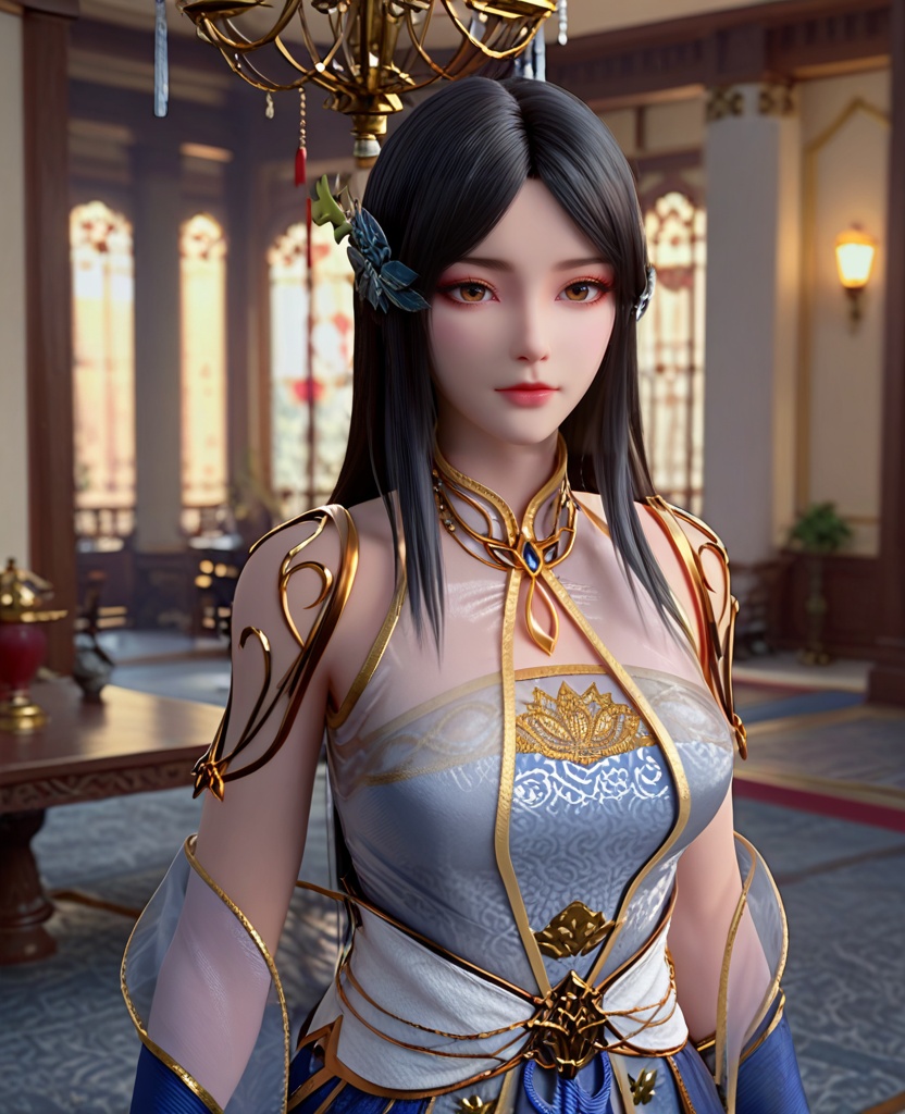 (oriental architecture, elegant decor, sophisticated style:1.1),(head down:1.1),looking at viewer,(breasts:1.2),<lora:XL斗破苍穹柳菲透纱新衣:0.95>,miss liufei,dress,long hair,black hair,chinese clothes,see-through,brown eyes,hair flower,parted bangs,makeup,, score_9,score_8_up,score_7_up,score_6_up,score_5_up,score_4_up,3d rendering,tag1,tag2, Cinematic Lighting,backlighting,