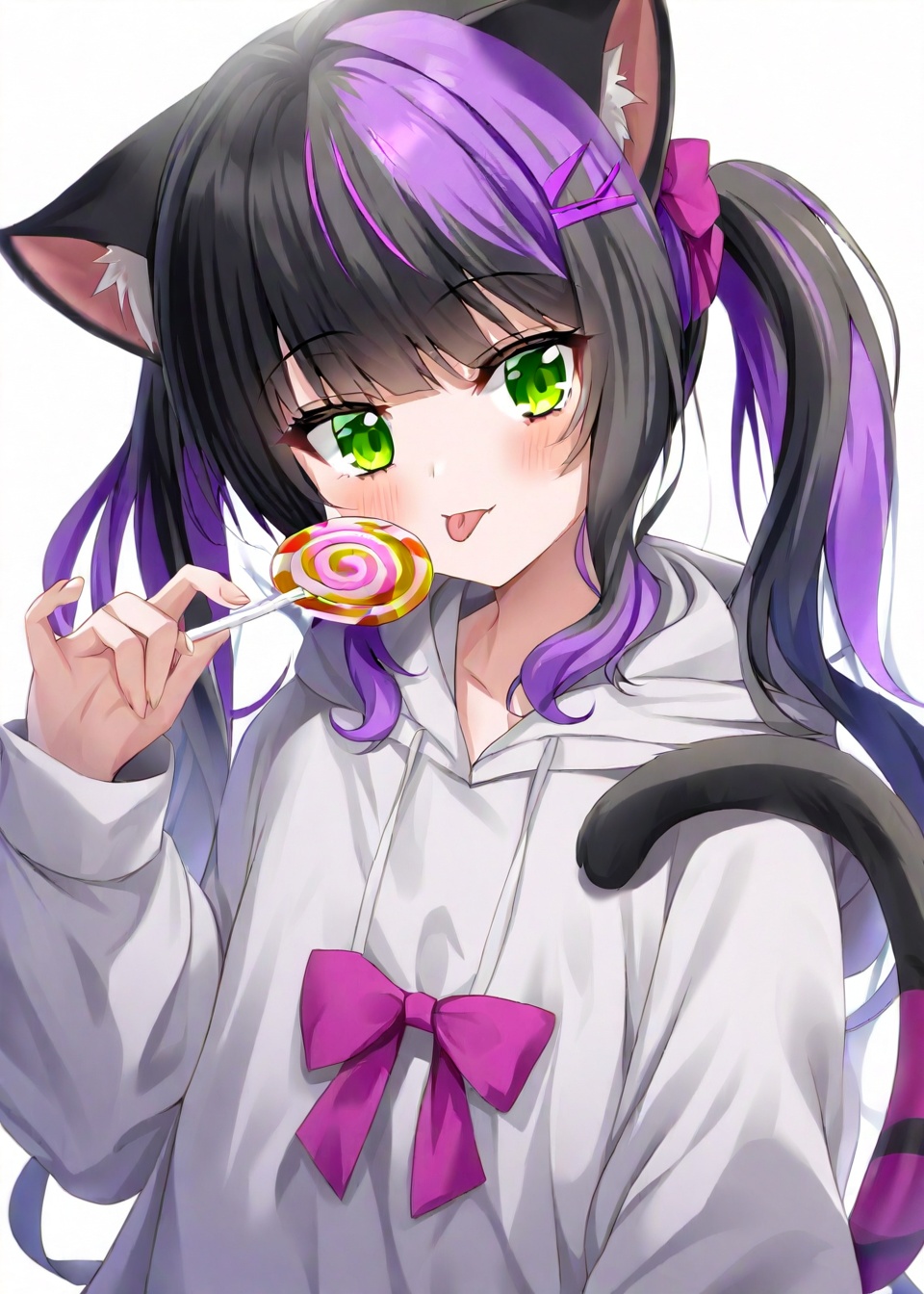 1girl, animal ears, solo, tail, green eyes, food, cat ears, cat tail, candy, lollipop, long hair, purple hair, hood, white background, hoodie, twintails, simple background, holding candy, holding, cat girl, looking at viewer, holding lollipop, tongue out, multicolored hair, long sleeves, tongue, black hair, holding food, blush, bow, hood down