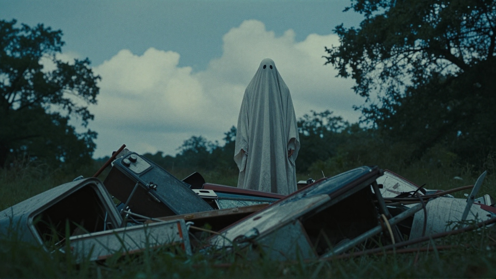 cinematic film still of overcast cinematic film style a ghost standing in a pile of junk,  perfect image,  perfect body on...
