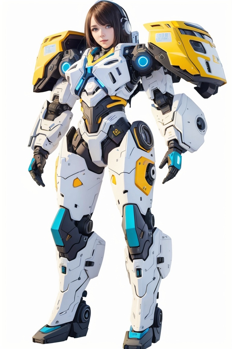 ((HRD, HUD, 8K)),((masterpiece, best quality)), highly detailed, soft light,Mecha, 1girl, solo, long hair, large breasts, robot, science fiction, standing, looking ahead, white background, full body, ﻿ <lora:20240427-1714184585124:0.8>