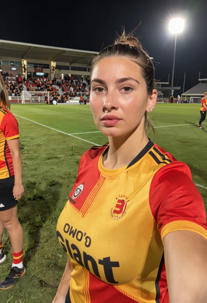 Selfie photo at the stadium where we see a woman wearing the RED and YELLOW jersey of the "ROLENZIO's Giant" football team...