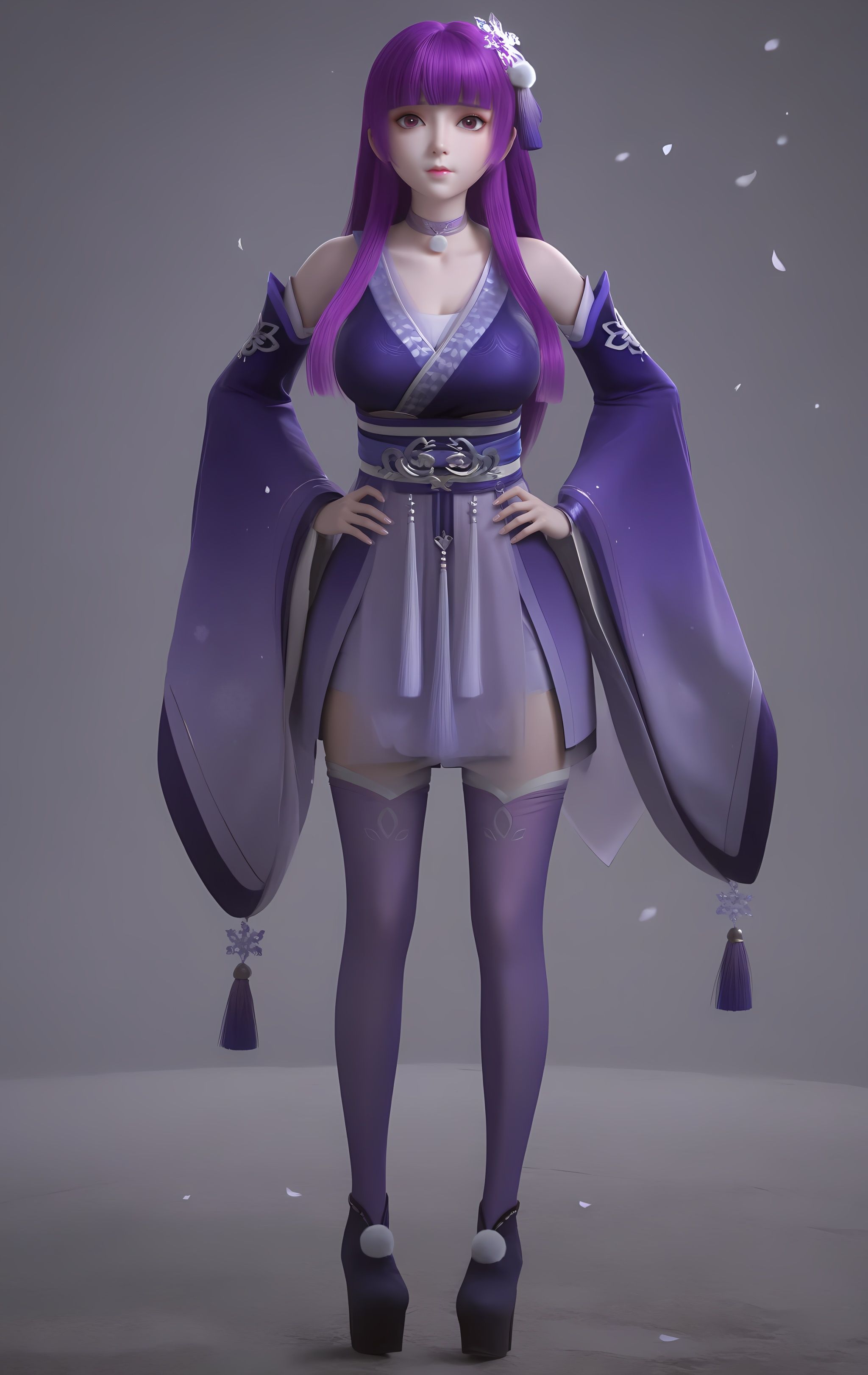 (score_9),vivid colours,Expressiveh,ambient occlusion,((Subsurface Scattering)),light blush,body blush,<lora:叶紫云-Apony-000009:0.83>,yeziyun,1girl,solo,long hair,purple hair,blunt bangs,hair ornament,choker,snowflake hair ornament,hanfu,detached sleeves,belt,wide sleeves,sash tassel,sleeve tassel,thighhighs,skirt,(platform_footwear:1.1),high heels,skirt,looking at viewer,front view,<lora:perfect-eyes:0.8>,long eyelashes,purple eyes,facing viewer,collarbone,puffy breasts,pointy_breasts,large breasts,see-through cleavage,<lora:a修手:0.35>,full body,hands on own hips,twig,falling petals,stone,grey background,rim light,Volumetric Lighting,Tyndall effect,bokeh,<lora:e色温:0.5>,<lora:Expressive_H:0.8>,<lora:e肤色滑块:0.5>,<lora:SkinRealityOrg_ponyv6_loraplus:0.25>,real skin,OverallDetail,fair_skin,(white_skin),(Ivory_skin),