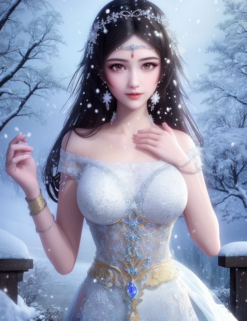 ultra realistic 8k cg, flawless, clean, masterpiece, professional artwork, famous artwork, cinematic lighting, cinematic bloom, perfect face, beautiful face, fantasy, dreamlike, unreal, science fiction,   lace, lace trim, lace-trimmed legwear, luxury, jewelry, diamond, gold, pearl, gem, sapphire, ruby, emerald, intricate detail, delicate pattern, charming, alluring, seductive, erotic, enchanting, hair ornament, necklace, earrings, bracelet, armlet,halo,autumn,((,1girl, pov,best quality, ))  , ((((1girl, solo,outdoors, large breasts,,snowflakes,  snow, snowing,   ))))    <lora:DA_BaiCai:0.7>