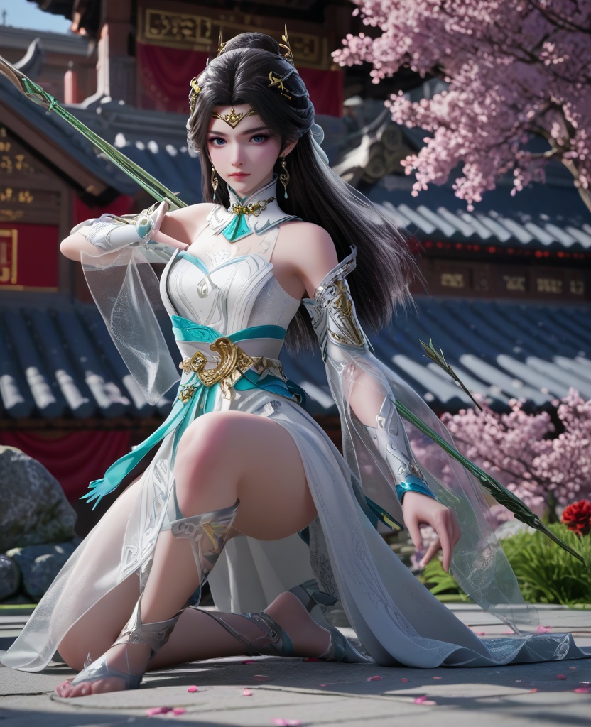 (oriental architecture, elegant decor, sophisticated style:1.1),(Kneeling with one knee on the ground, the other foot raised,:1.1),arrows,archery bow,bowstring,quiver,draw the bow,nock an arrow,draw and aim,arrow,weapon,(breasts:1.2),<lora:XL16仙帝归来李染竹:0.95>,miss liranzhu,white dress,blue eyes,black hair,long hair,hair ornament,jewelry,earrings,wide flowing sleeves with see-through,sash,, score_9,score_8_up,score_7_up,score_6_up,score_5_up,score_4_up,3d rendering,tag1,tag2, Cinematic Lighting,backlighting,