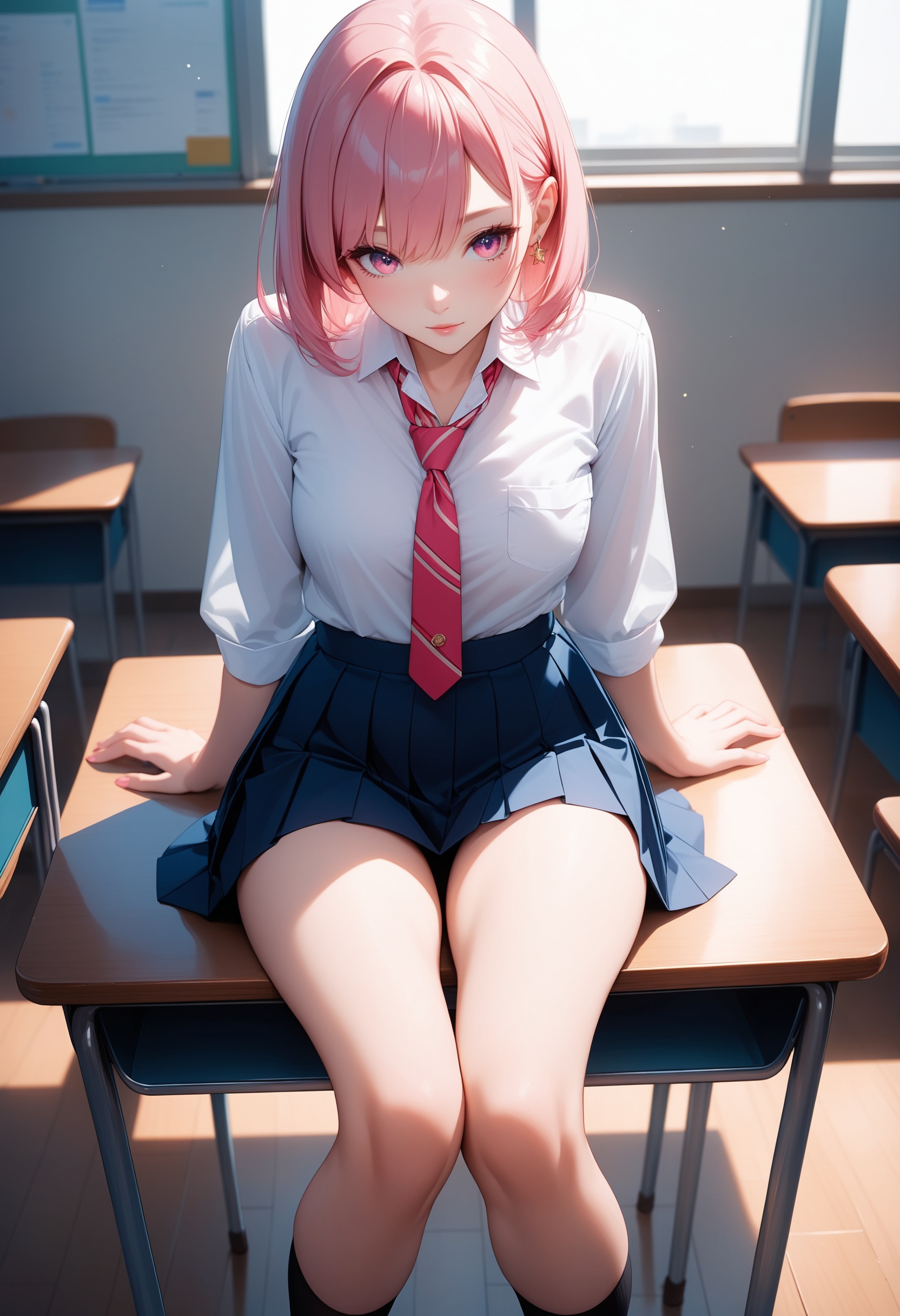 score_9, score_8_up, score_7_up, intricate details, 1girl, pink hair, school girl outfit, sitting at desk