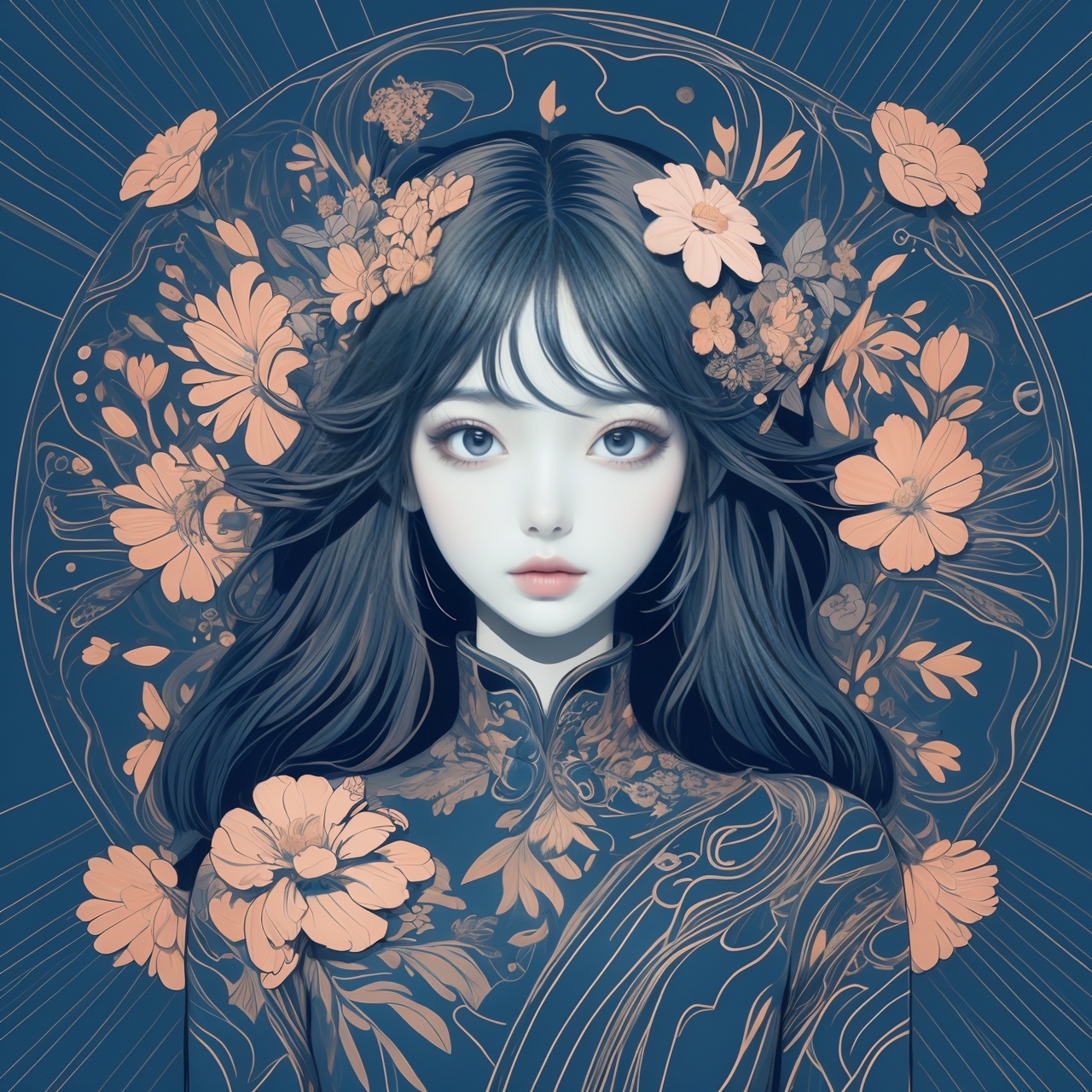 masterpiece, best quality, 1girl, flowers, flat color, lineart, abstract, ornate, blue theme
