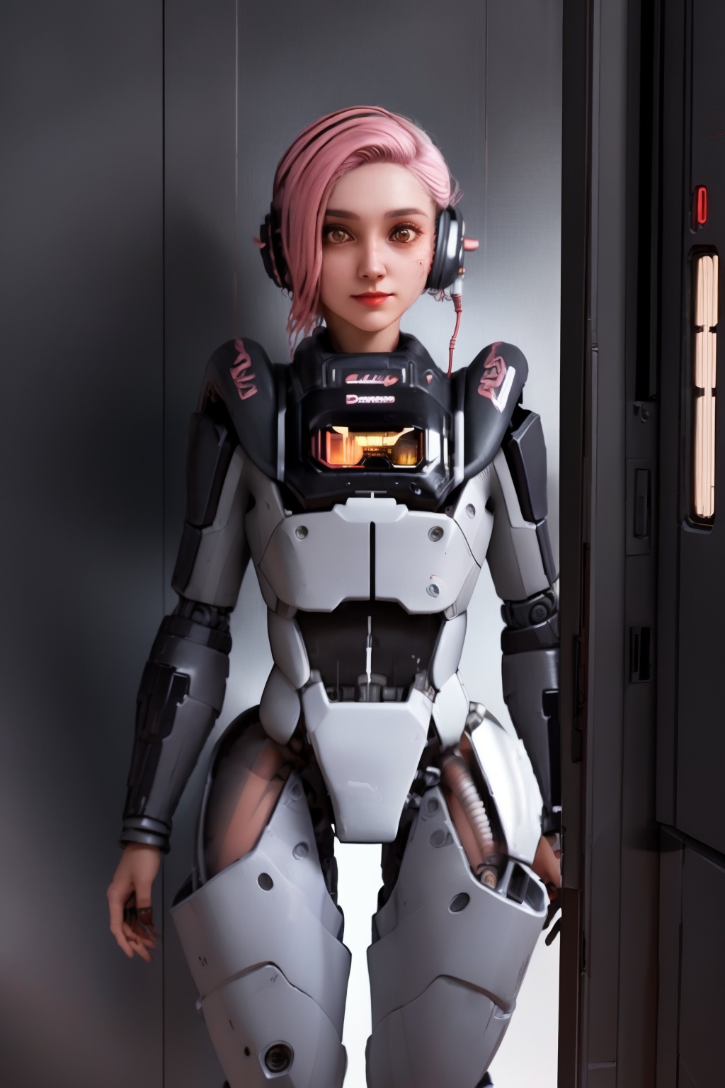 <lora:lida_15_v4:1:lbw=KEEPCHAR>,lida,1girl,solo,looking at viewer,cowboy shot,standing,realistic,cyborg,robot joints,power armor,fingerless gloves,a female character with pink hair,the character has a headset with a microphone attached to her ear,the suit is predominantly gray with black accents and it appears to be made of a metallic material,she is standing in a dimly lit room with a metallic door in the background,the overall ambiance of the image suggests a sci-fi or cyberpunk theme,female character,futuristic armored suit,metallic material,headset with microphone,dimly lit room,metallic door,