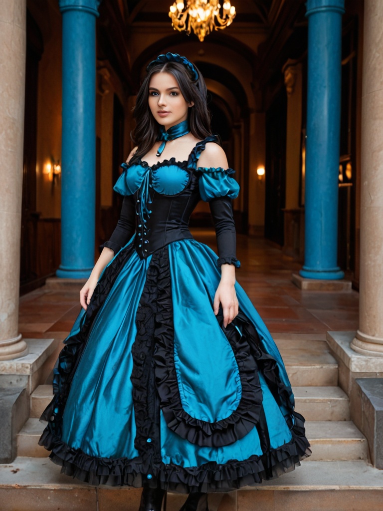 a beautiful young blackhair woman with deep blue eyes wearing a sexy steamlolita outfit on Tensor.Art