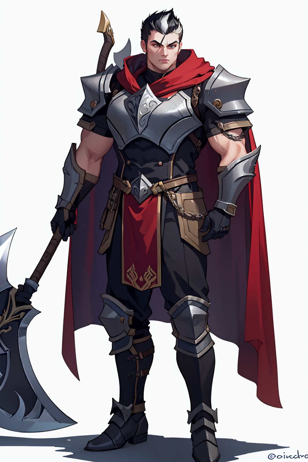 masterpiece,best quality, highly detailed, darius (league of legends), 1boy, male focus, solo, breastplate, pauldrons, white background, looking at viewer, full body, muscular male, cape, holding axe, twitter username, gauntlets, holding weapon, bow, thick eyebrows,<lora:darius_(league_of_legends):1>