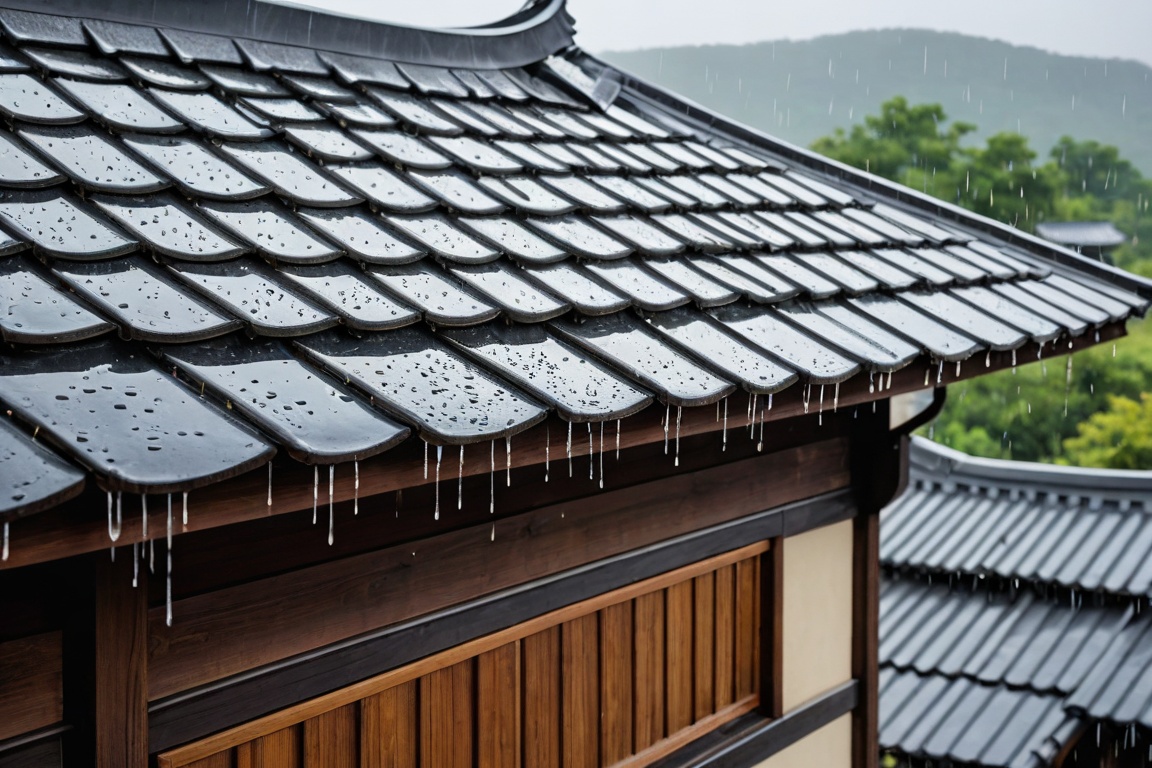 It is raining very heavily on the tile roof of a hanok.Rainwater is flowing down the eaves.Very thick raindrops fallUltra-...