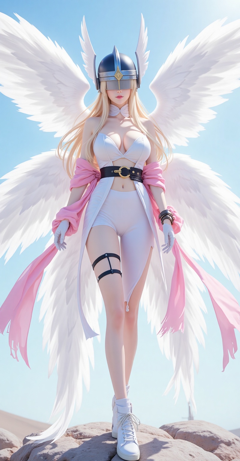 tianshi,baoshi,lvjing,1girl,wings,angel wings,helmet,solo,multiple wings,blonde hair,digimon \(creature\),covered eyes,long hair,feathered wings,breasts,thigh strap,asymmetrical clothes,belt,day,white wings,outdoors,white footwear,shawl,bare shoulders,angel,facing viewer,sky,gloves,winged helmet,standing,hagoromo,cleavage,1,cover,simple background,gradient background,close-up details,outstanding style,adding a touch of dimension to your images without compromising details,close-up,