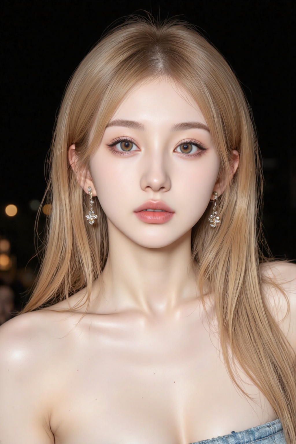 girl,solo,girl,1girl,solo,long hair,looking at viewer,bangs,blonde hair,bare shoulders,jewelry,closed mouth,collarbone,yellow eyes,upper body,earrings,lips,eyelashes,black background,portrait,realistic,