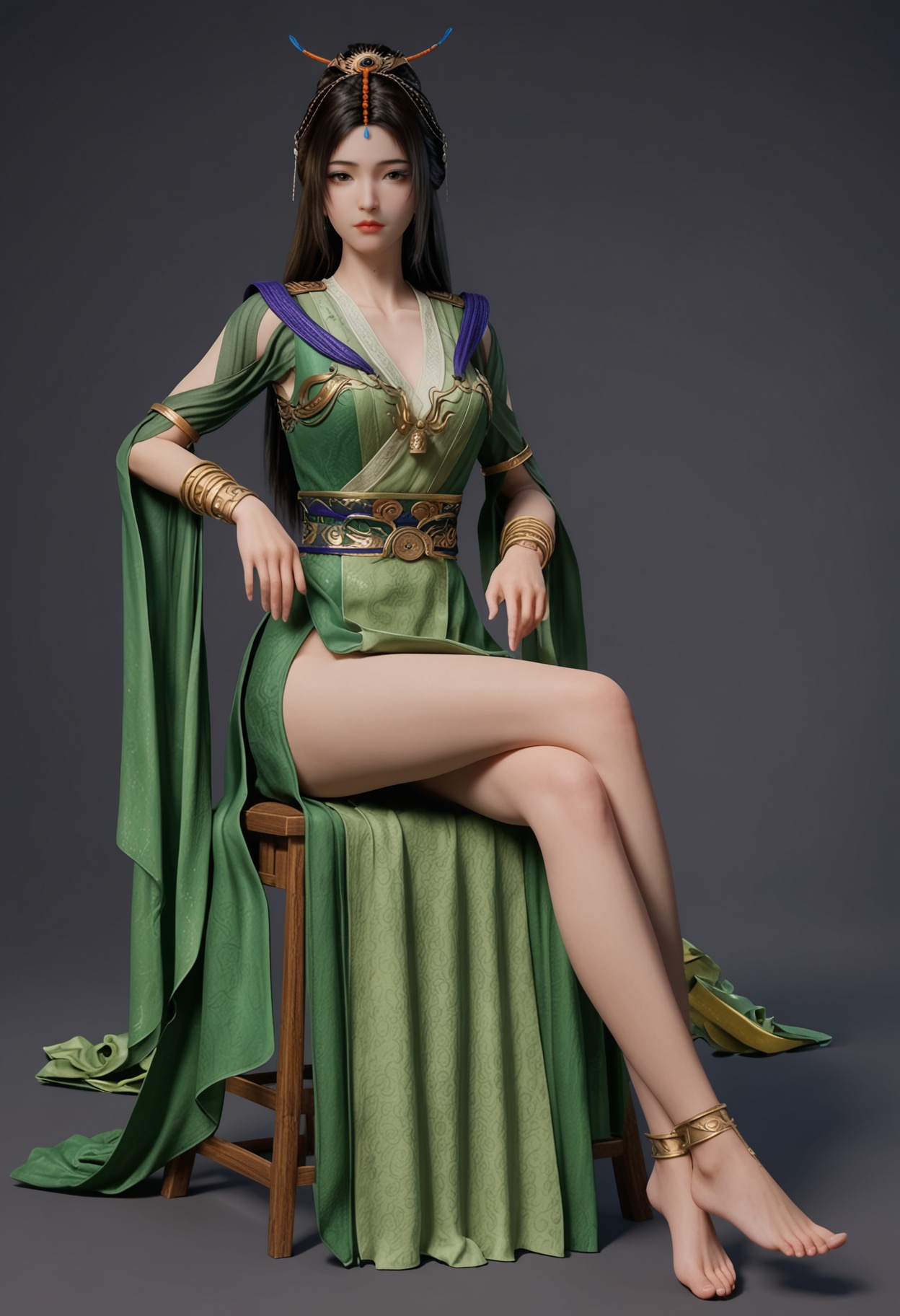 score_9,looking_at_viewer,(large breasts:0.8),liuyu,1girl,solo,black hair,hair ornament,long hair,green dress,realistic,dress,chinese clothes,closed mouth,jewelry,bracelet,sash,hair bun,brown eyes,clothing cutout,barefoot,sitting,(crossed legs:1.3),(simple background,pure black background,black background:1.1),perfect_anatomy,<lora:QQSponyliuyuV1:0.8>,