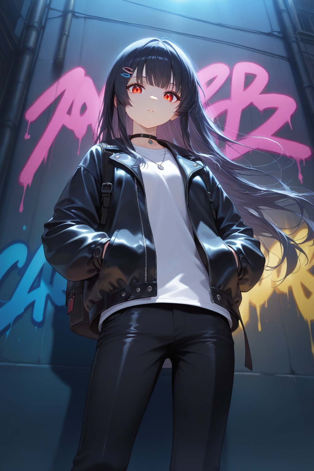 1girl,solo,long hair,looking at viewer,sharp eyes,bangs,jacket,shirt,black hair,hair ornament,long sleeves,urban street background,flowing hair,jewelry,closed mouth,standing,open clothes,choker,hairclip,black pants,necklace,bag,open jacket,white shirt,backpack,bandaid,zipper,leather jacket,graffiti wall,confident pose,hands in pockets,low angle shot,close-up,dramatic lighting,rim light,reflective light,soft shadows,detailed shading,cinematic atmosphere,wind blowing hair,urban night,neon reflections,dynamic composition,