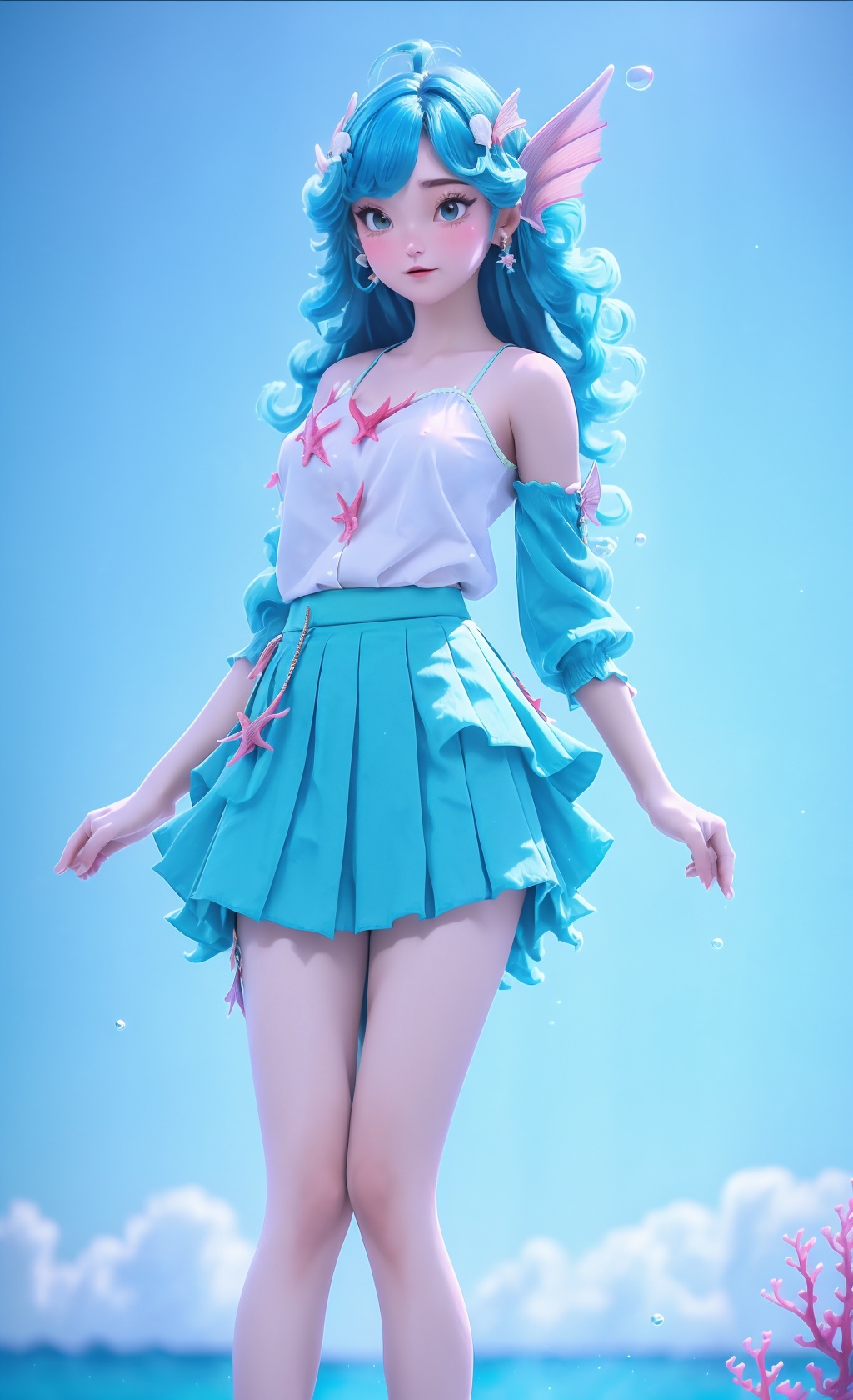 (1girl),smooth chin,masterpiece,detailed face,((hair ornament)),top quality,4k,make up,best quality,alone,single,solo,only one,one character,blush,(body blush),(detached sleeves),earrings,(blue hair),under water,(head fins),long hair,(from below),ocean,(puffy hair:1.13),head wings,frilled skirt,frilled clothes,model,looking at viewer,Cute Women,frilled shirt,bubble skirt,green skirt,full body,(detached shirt),bandeau,blue skirt,((Prayer with both hands)),(Masterpiece), the best quality,((The best hand))