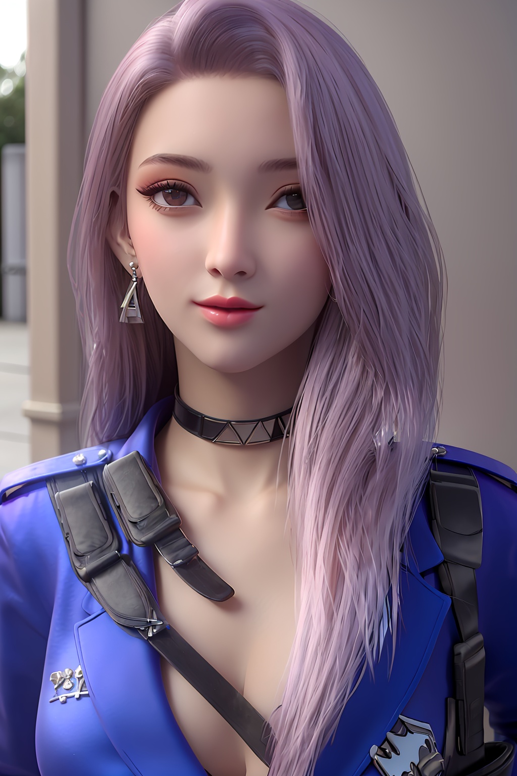 3D,masterpiece,(best quality),(makeup),official art, extremely detailed cg 8k wallpaper,((crystalstexture skin)), (extremely delicate and beautiful),(highly detailed),(1girl), (solo), (jewelry), (earrings),(purple__hair),(long_hair),(hair_ornament),(handwear),(breast:1.000),(cleavage:1.000),,,((portrait)),(collar:1.000),((policewoman:1.000),(chinese_clothes:1.000),(blue_dress:0.999),,(multicolored_clothes:1.000),(multicolored_dress:1.000),(blue_jacket:1.000),(coat:1.000),(sunshine, outdoor),((looking_at_viewer)),((Facing the camera)), , <lora:hipoly3DModelLora_v10:0.3>