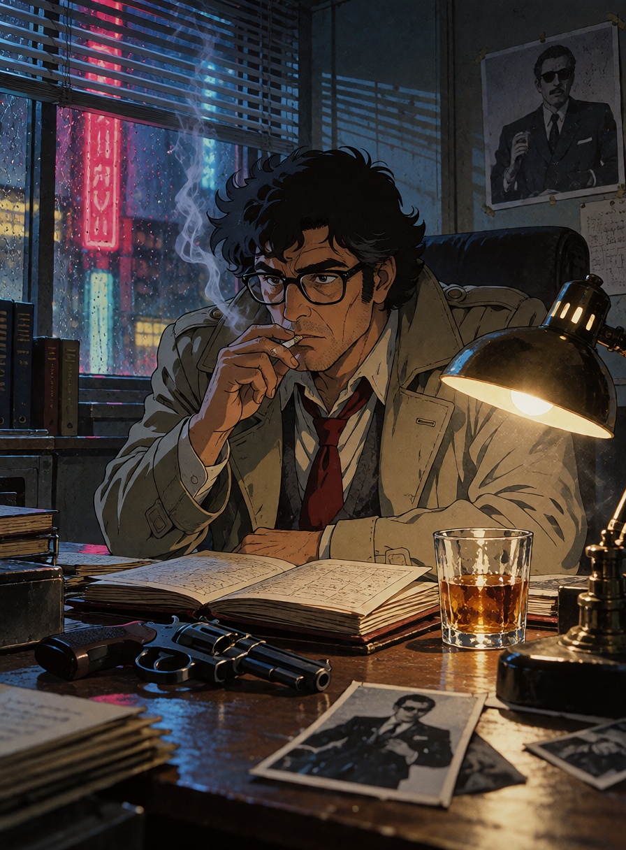 An ***** male detective with messy black hair and a beige trench coat smoking a cigarette inside a cramped Tokyo office,...