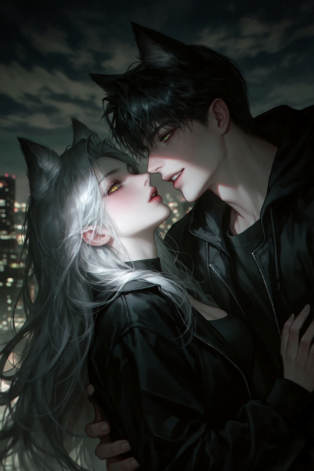 viewed from a close-up angle in dramatic nighttime lighting with a dark,  muted palette,  a woman with long silver hair on...