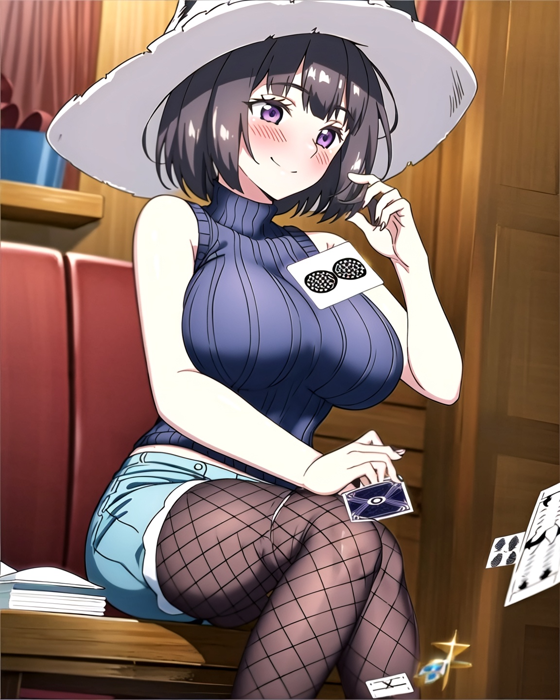 Witch text River,Witch text River,1girl,solo,blush,smile,short hair,large breasts,black hair,hat,holding,sitting,purple eyes,pantyhose,shorts,sleeveless,sweater,witch hat,turtleneck,fishnets,ribbed sweater,card,sleeveless turtleneck,playing card,holding card,<lora:魔女文字川母女:0.8>,in the room,, masterpiece, best quality