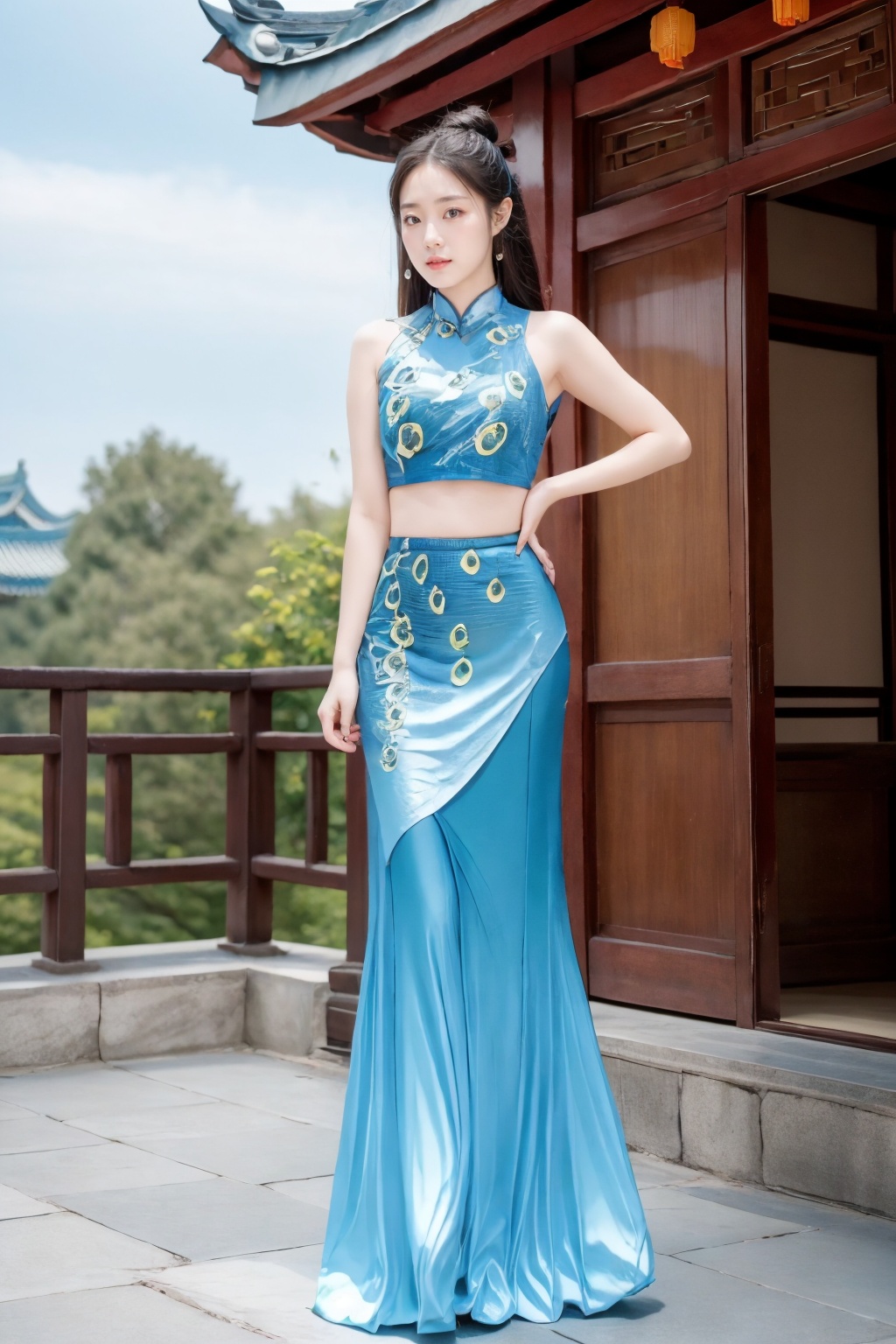 Realistic,best quality,masterpiece,8K,HDR,RAW,A pretty girl,seductive expression,charming,sex,1girl,((solo)),(standing),huge breasts,full body,(East Asian architecture, Chinese style, ancient Chinese architecture,in spring),(looking at viewer,),<lora:add_detail:0.6>,<lora:GoodHands-beta2:1>,<lora:ENNE 蓝色短上衣+长裙_v09:1>,blue_long skirt,cropped top,
