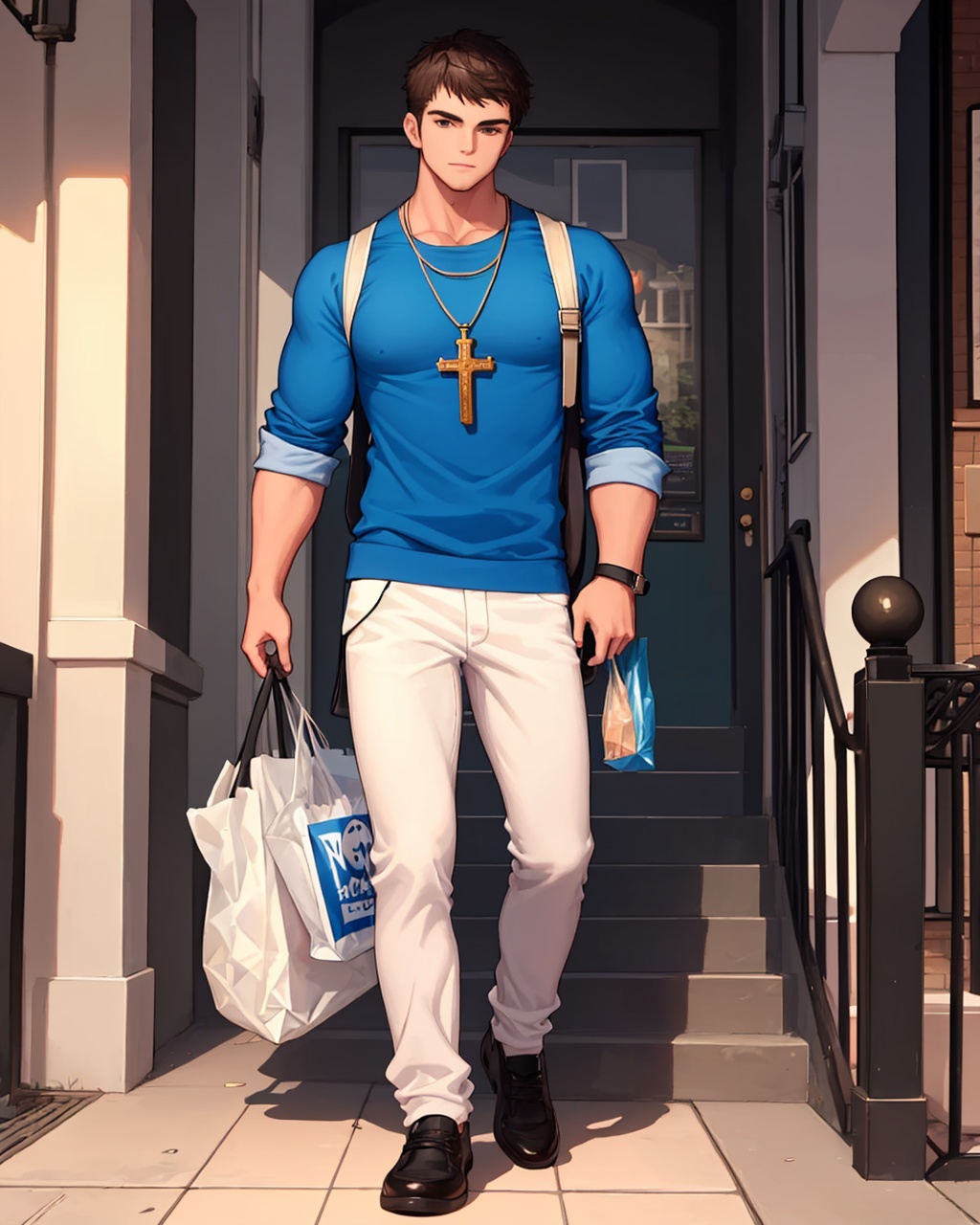 masterpiece,best quality, highly detailed, male priest (dungeon and fighter), 1boy, muscular male, walking, solo, bara, pectorals, full body, grocery bag, shirt, cross necklace, looking at viewer, stairs, mature male, holding bag, bread, white pants,<lora:male_priest_(dungeon_and_fighter):1>