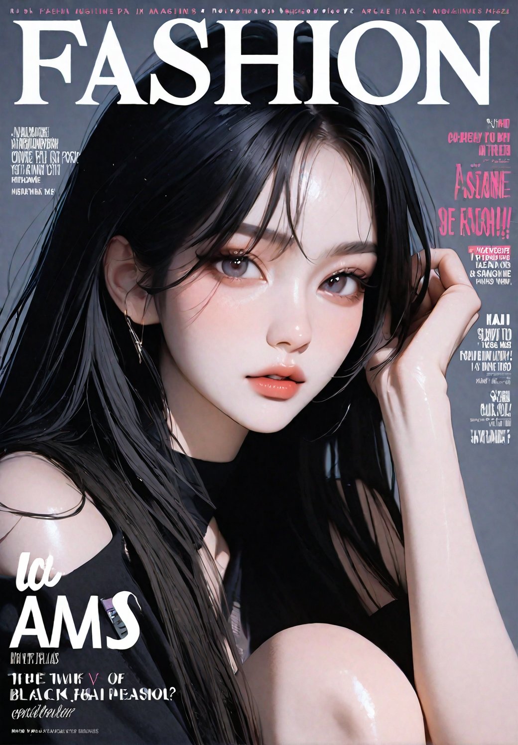 1girl,solo,k-pop,black hair,long hair,magazine cover,text 'Fashion',realistic,masterpiece,newest,absurdres,sensitive,very aesthetic,<lora:fashigirl-v2-sdxl-7ep:0.7>,