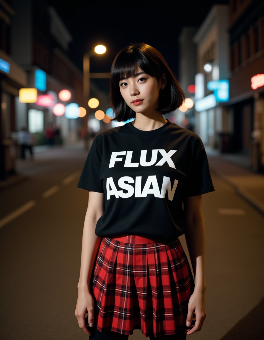 A photograph of an incredibly beautiful 18-year-old girl with short,  stylish black hair,  standing confidently on a dimly...