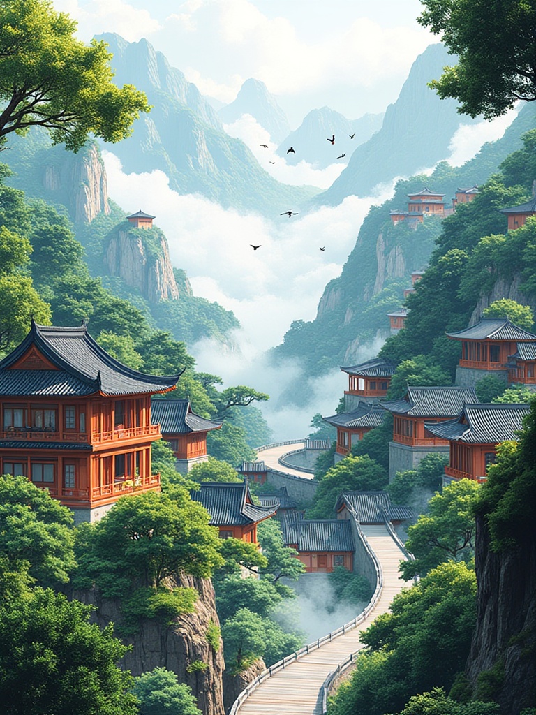 miluo_zsss,Chinese landscape architecture, A jaw-dropping digital painting of a lush, misty mountain village with traditional Chinese architecture, featuring wooden buildings with tiled roofs, surrounded by dense greenery and towering cliffs. A wooden bridge snakes through the scene, and birds flap overhead, adding to the chill, serene vibe.<lora:miluo丨中式山水-1.4:1>