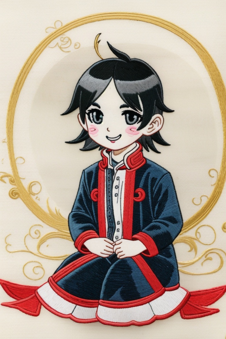 ((HRD, HUD, 8K)),((masterpiece, best quality)), highly detailed,Embroidery, 1boy,  chibi, traditional media, smile, sitting, looking at viewer,  <lora:20240520-1716211516835:0.9>
