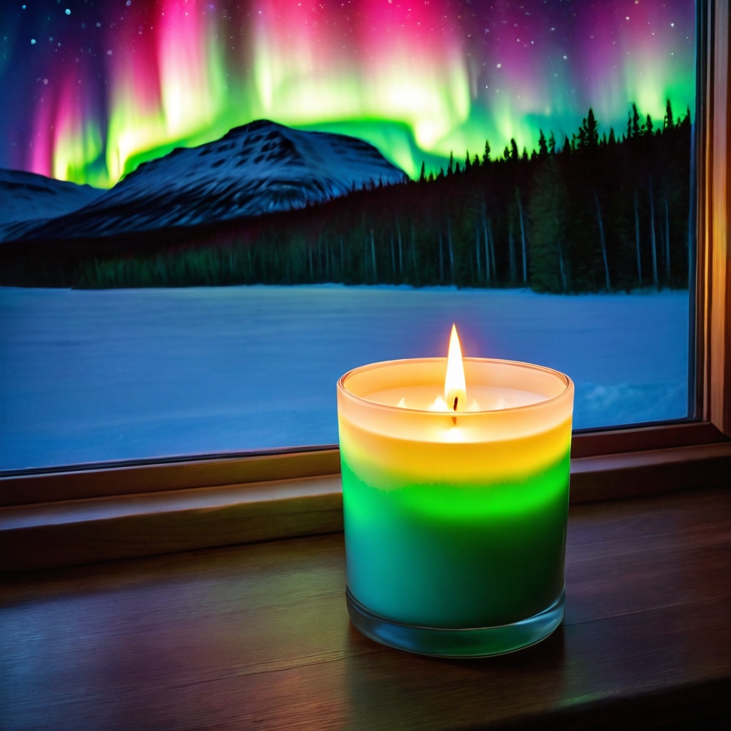 scenenorthlight,  a scented candle,  cabin window table on Tensor.Art