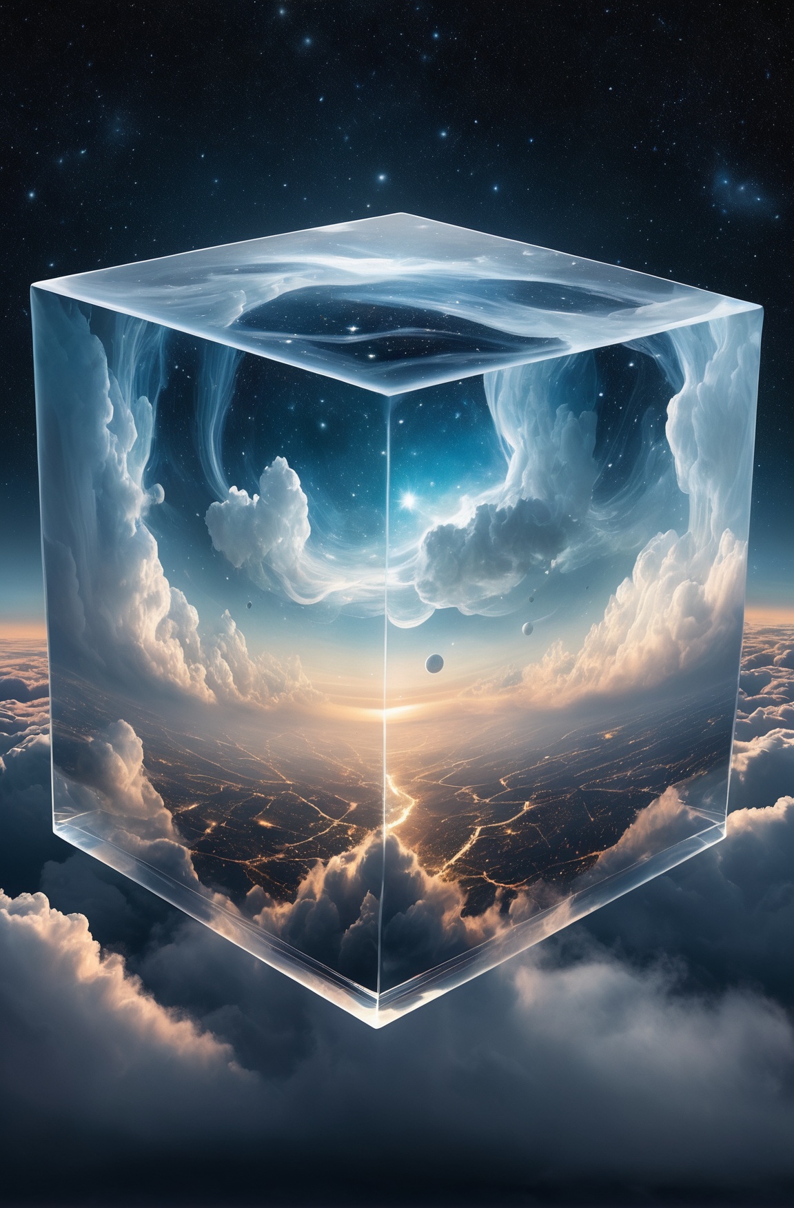 Bosch-style,  a translucent cube traps eerie clouds,  the starsscape warps on Tensor.Art