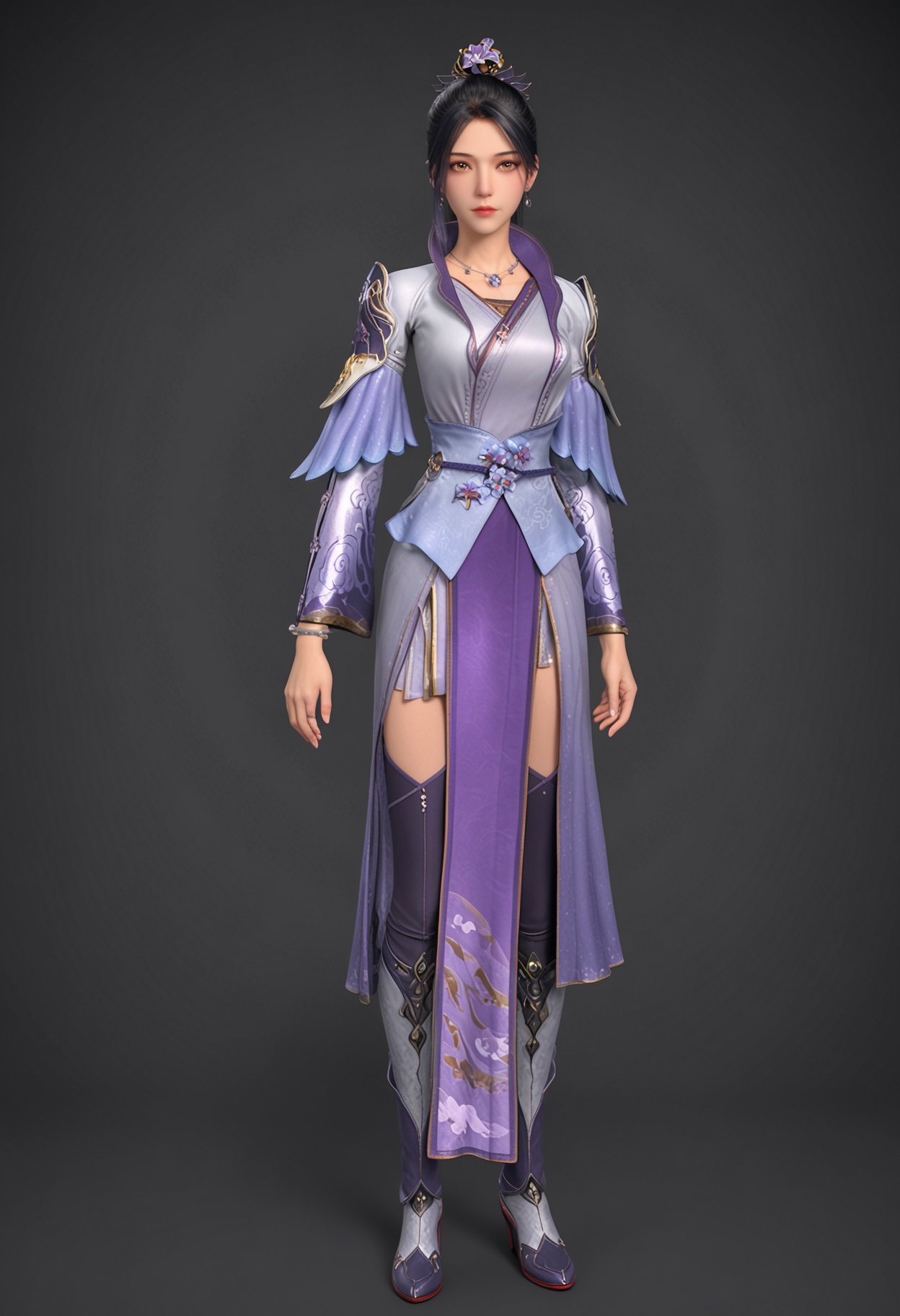 (full_body:1.1),(looking at viewer:1.1),facing viewer,direct gaze,<lora:YQ_pony_nangongxier_V5:0.8>,1girl,q1528437228,solo,black hair,jewelry,long hair,necklace,earrings,ponytail,hair ornament,dress,brown eyes,long sleeves,thighhighs,hair bun,boots,chinese clothes,sash,looking to the side,single hair bun,BREAK simple background,pure black background,black background,perfect anatomy,