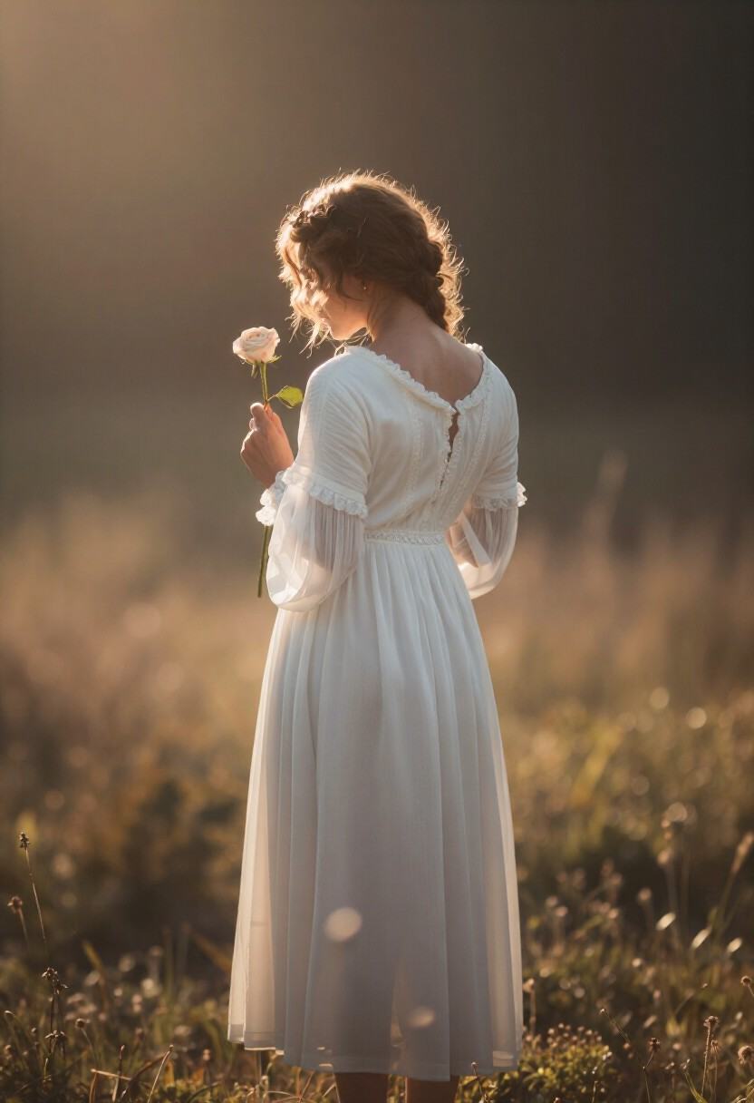 Shot from behind,  Striking portrait of a young woman in center frame in a flowing white gown holding a single rose in a s...